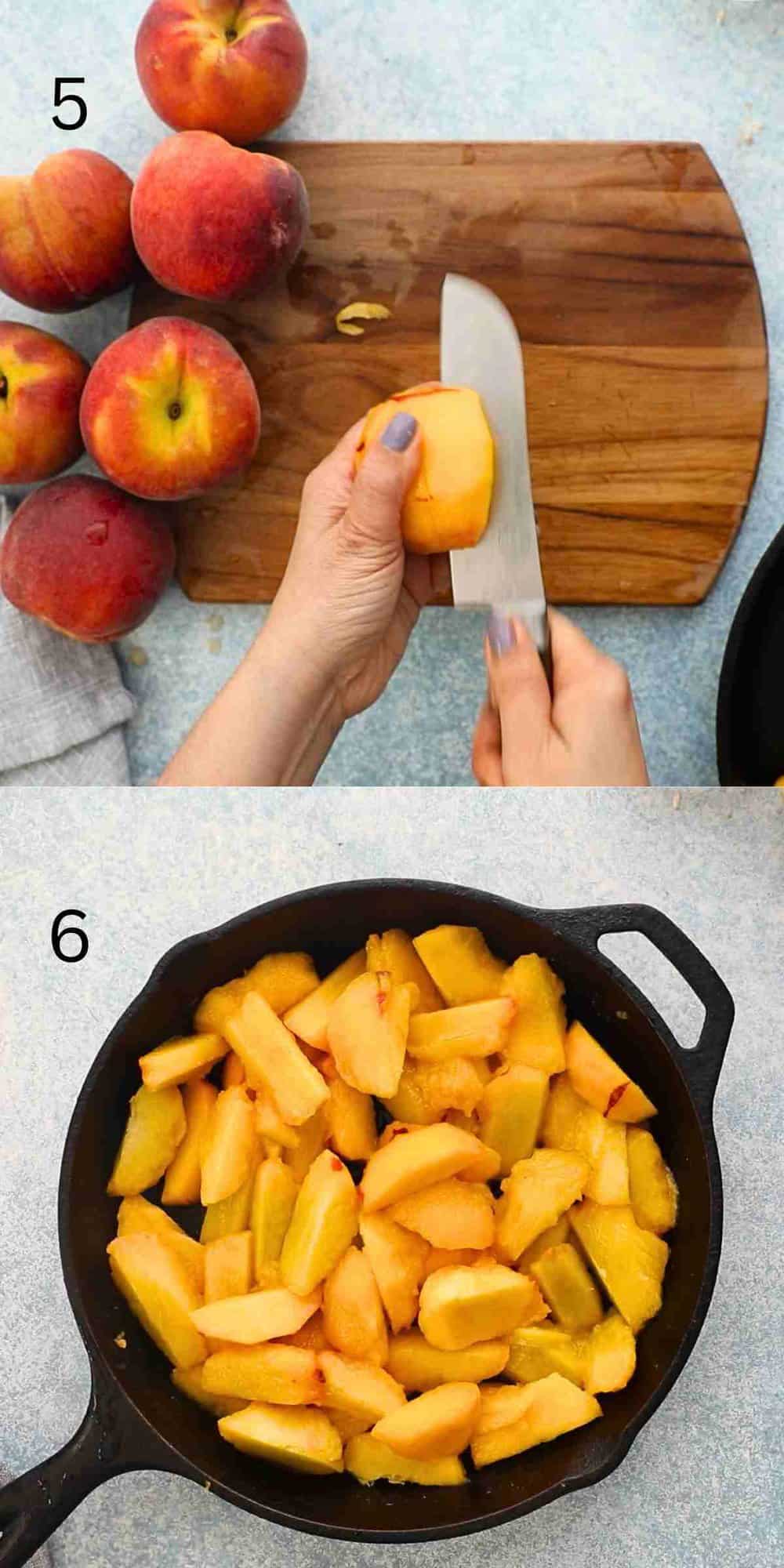 2 photo collage of two hands slicing a peach and a black skillet filled with the same.