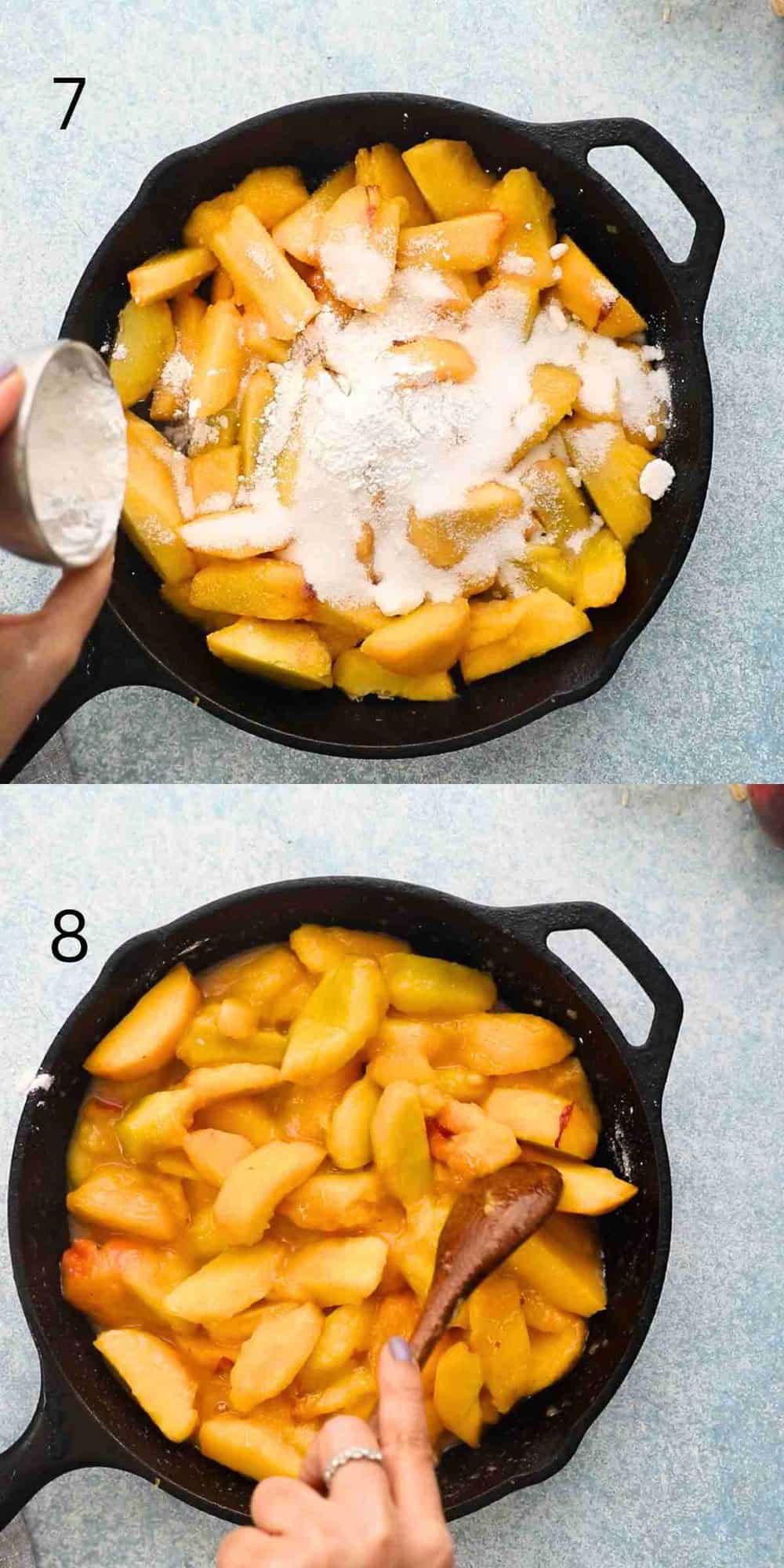 2 photo collage of a black skillet with sliced peaches.