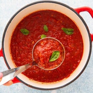 a ladle full of red sauce along with a basil leaf above a pot filled with the same.