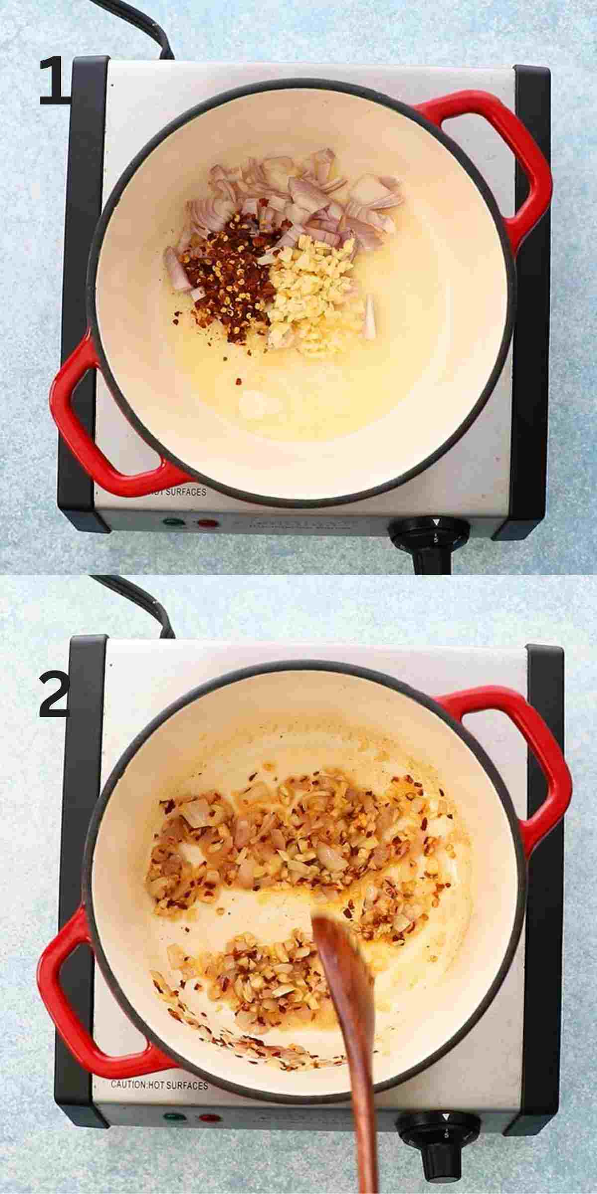 2 photo collage of sauteeing chopped onion and garlic in a white pan with red handles.