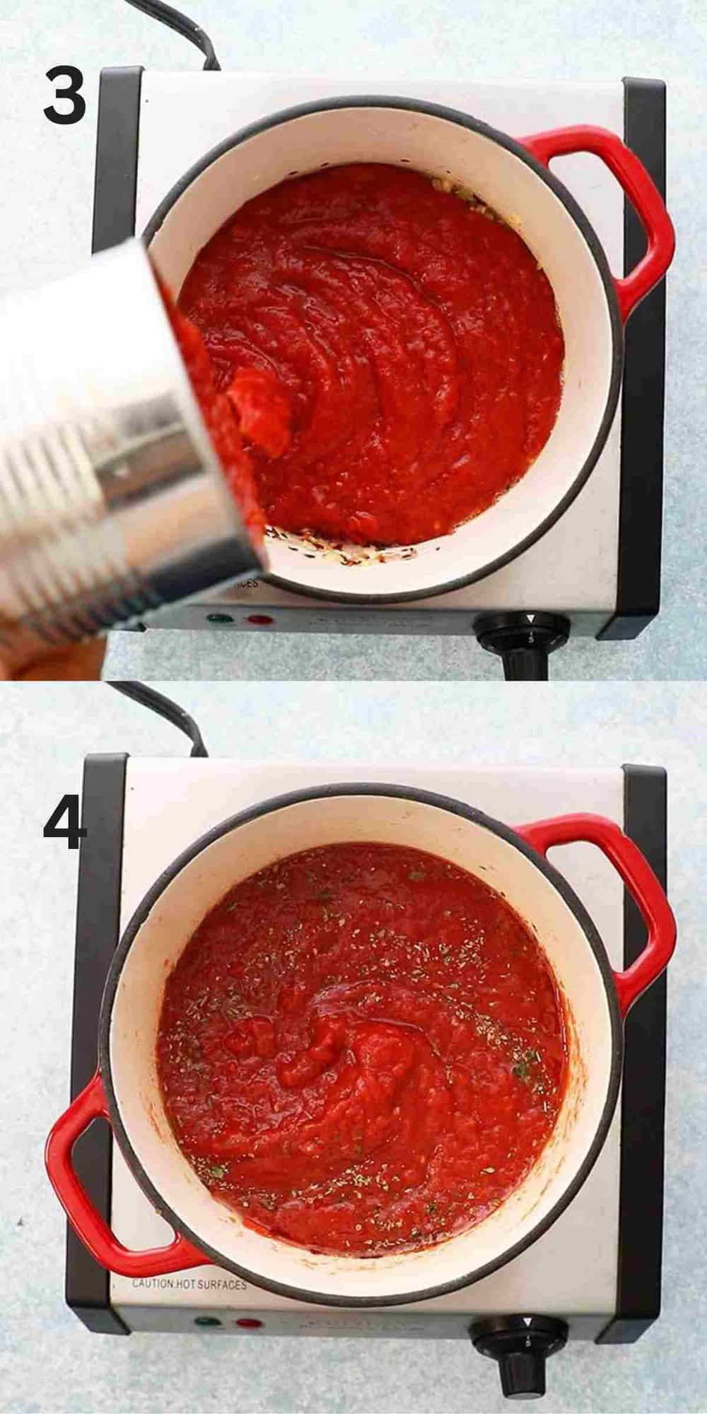 2 photo collage of cooking red sauce  in a white pan with red handles.