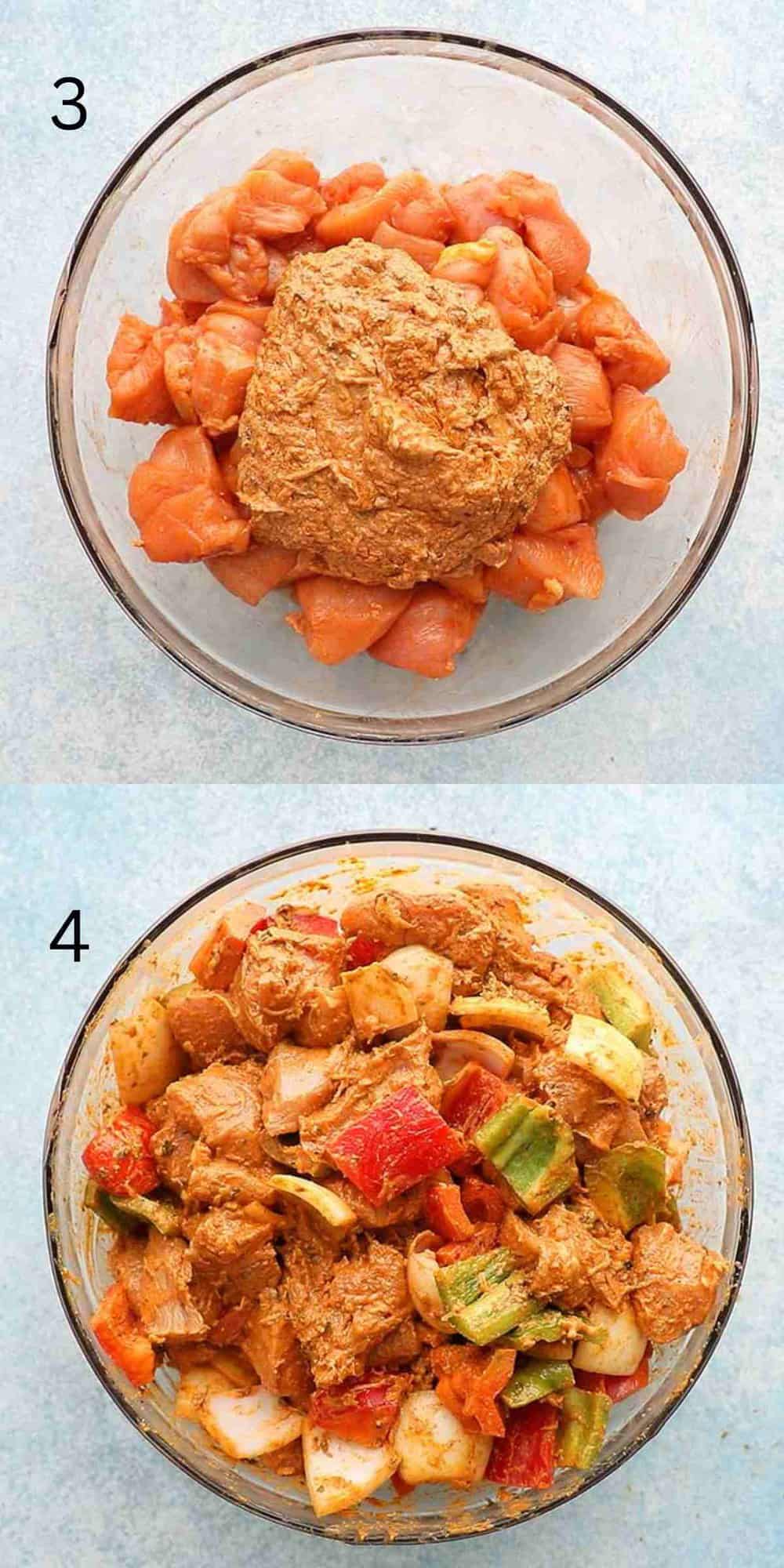 2 photo collage of one glass bowl filled with cut chicken cubes combined with marination.