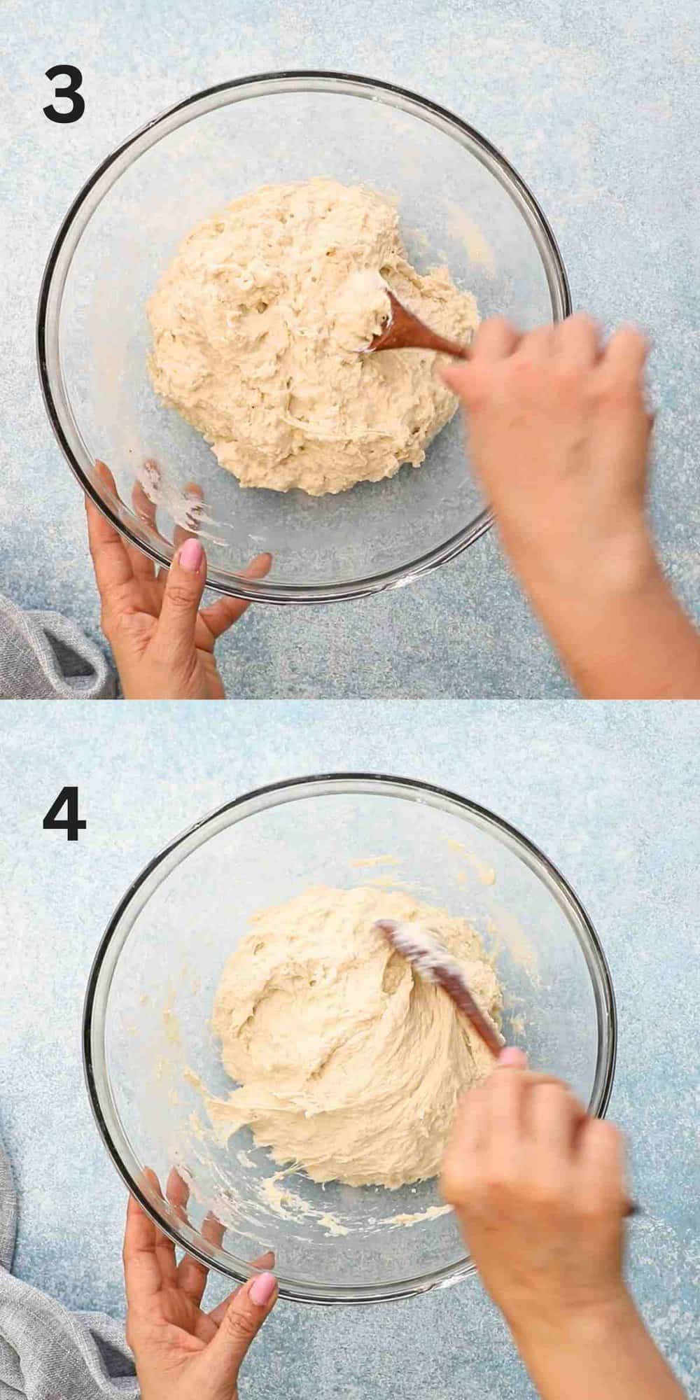 2 photo collage of two hands mixing yeast dough in a glass bowl.