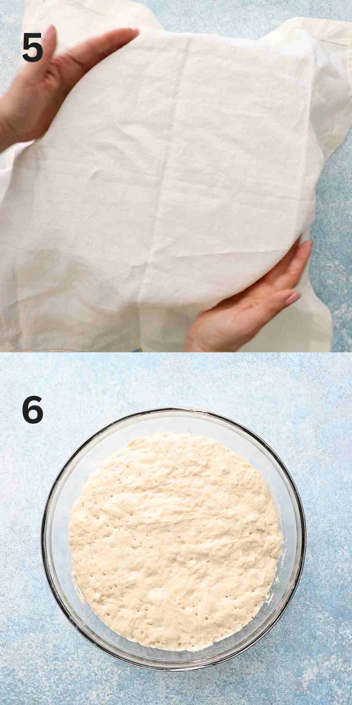 2 photo collage of two hands wrapping a glass bowl of yeast dough with white cloth.