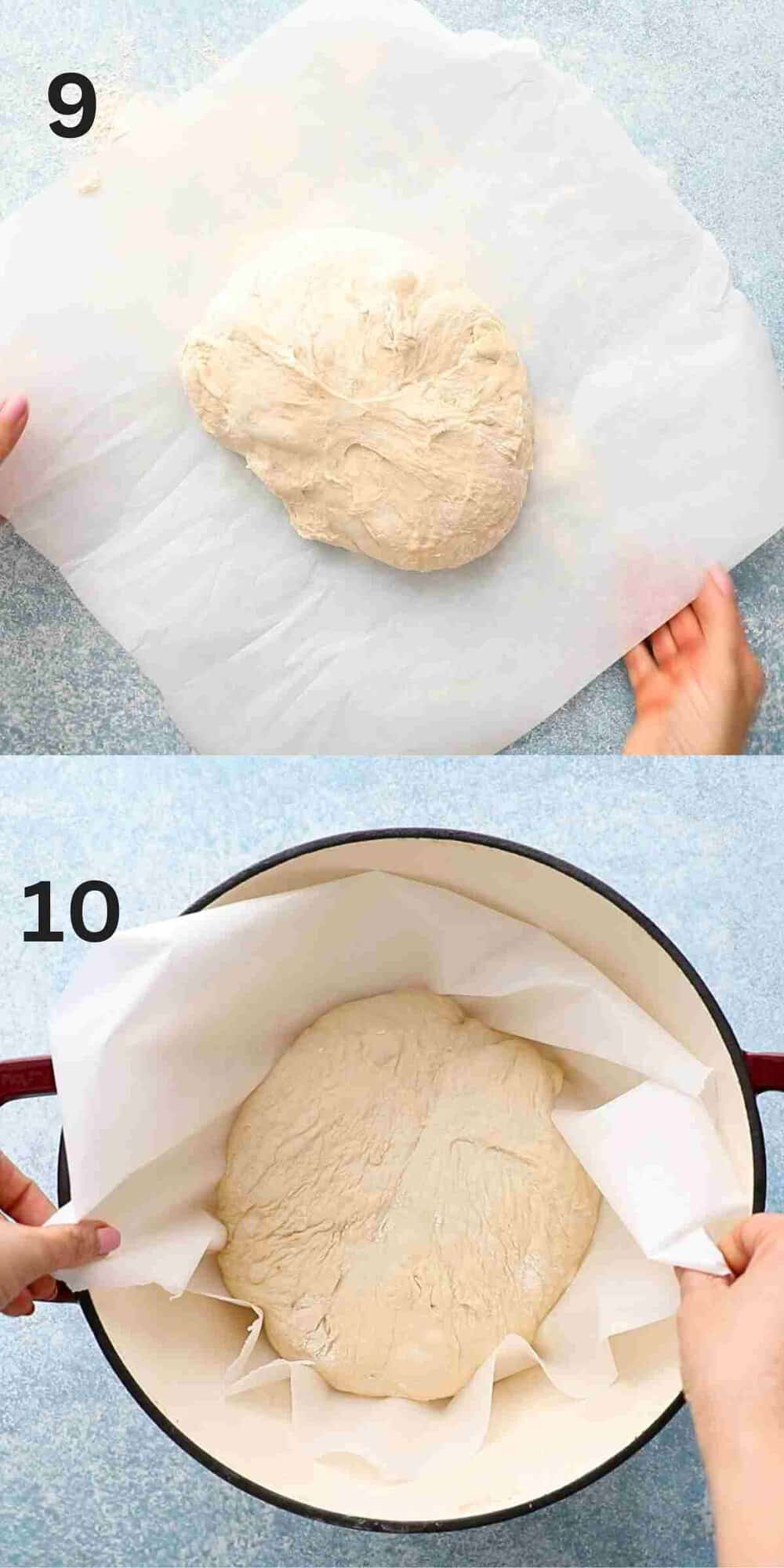 2 photo collage of 2 hands placing risen yeast dough in a dutch oven.