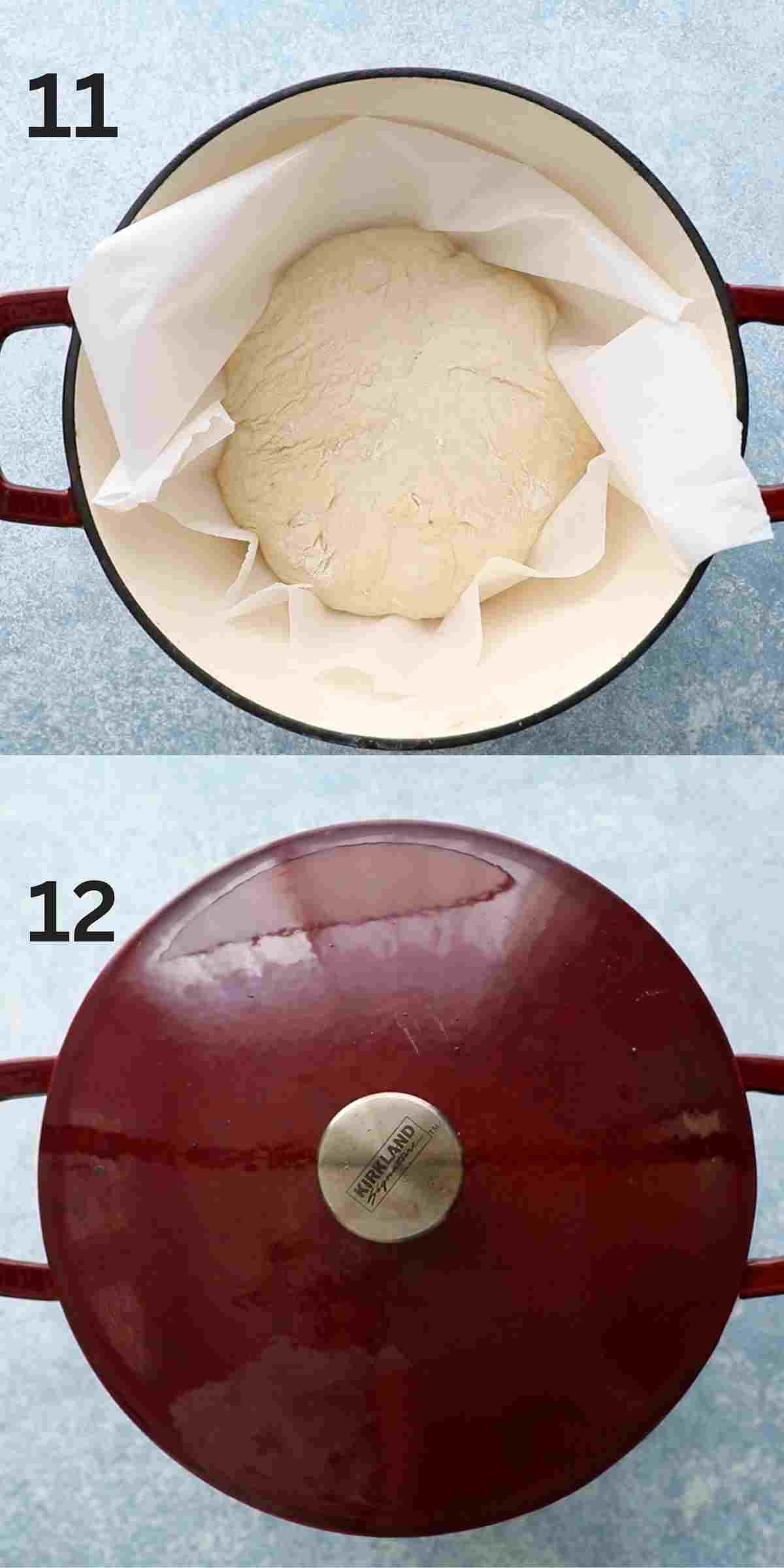 two photo collage of a red dutch oven  with yeast dough.