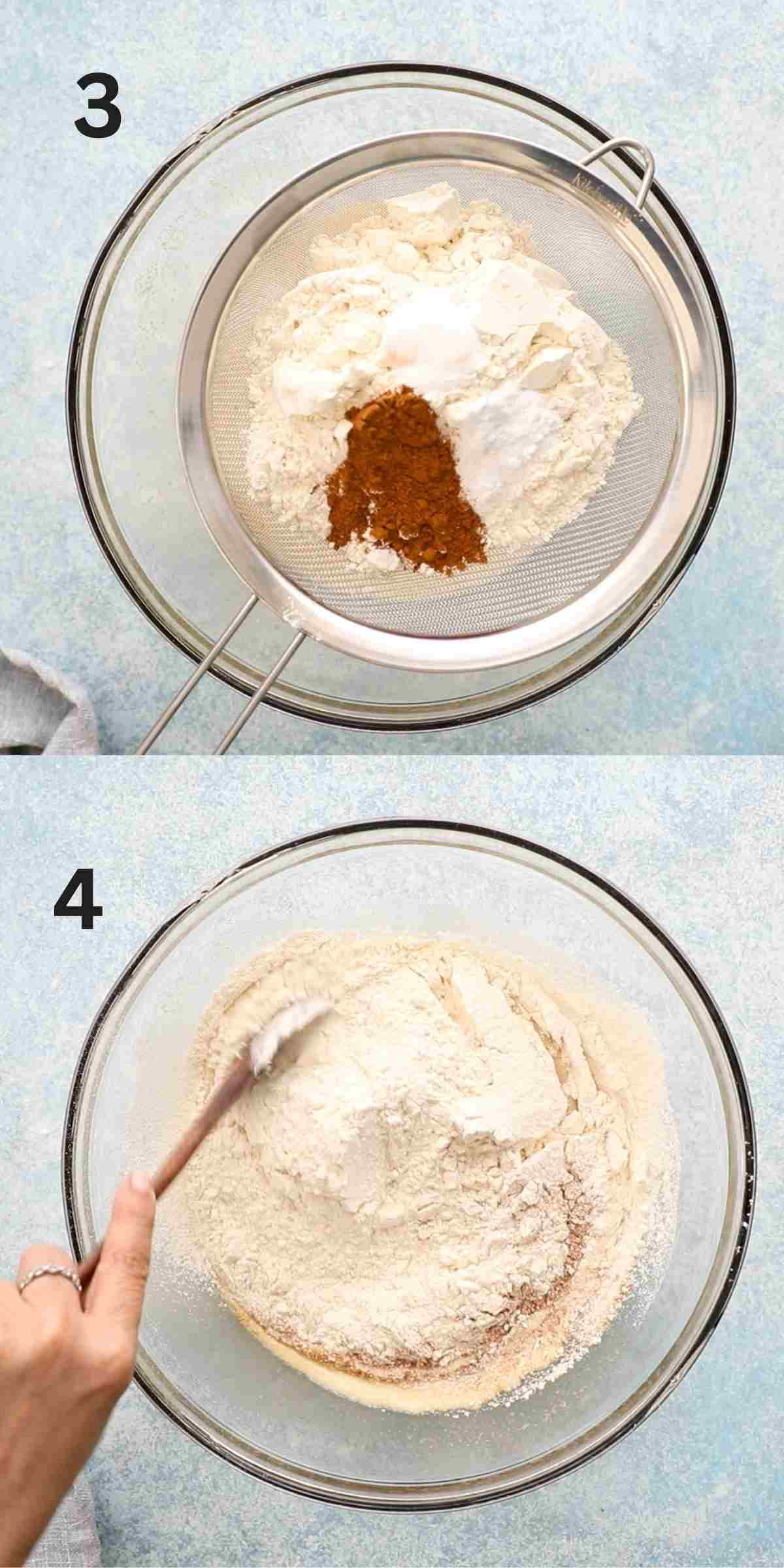 2 photo collage of sifting and mixing flour mixture into the batter.