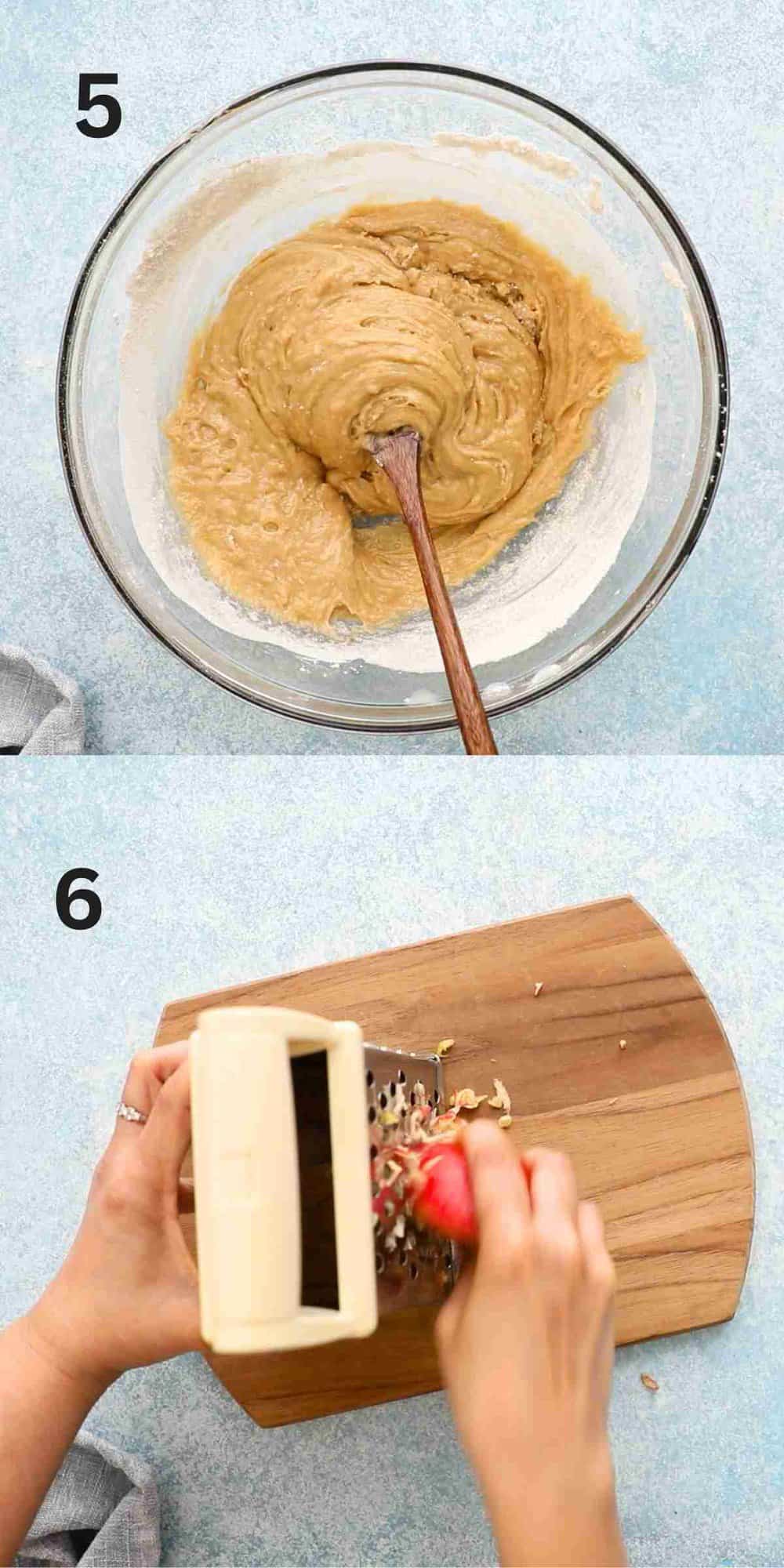 2 photo collage of mixing batter and grating an apple using a box grater.