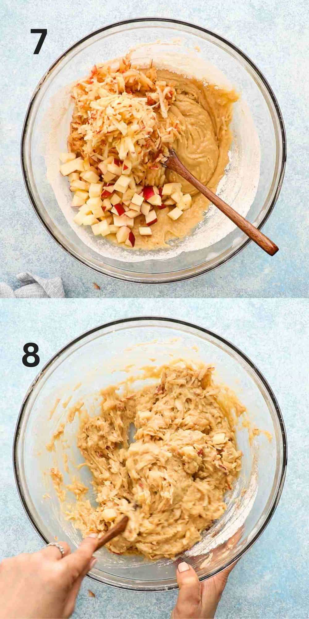 2 photo collage of mixing grated and chopped apples into the batter in a glass bowl.