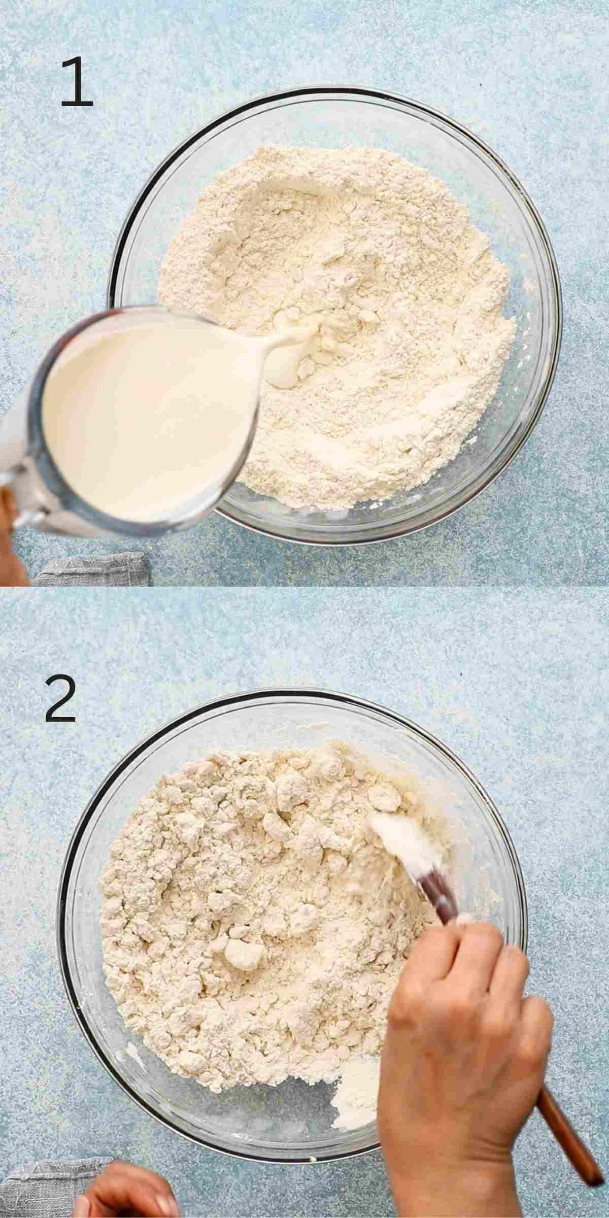 2 photo collage of pouring and mixing heavy cream into flour mixture in a glass bowl.