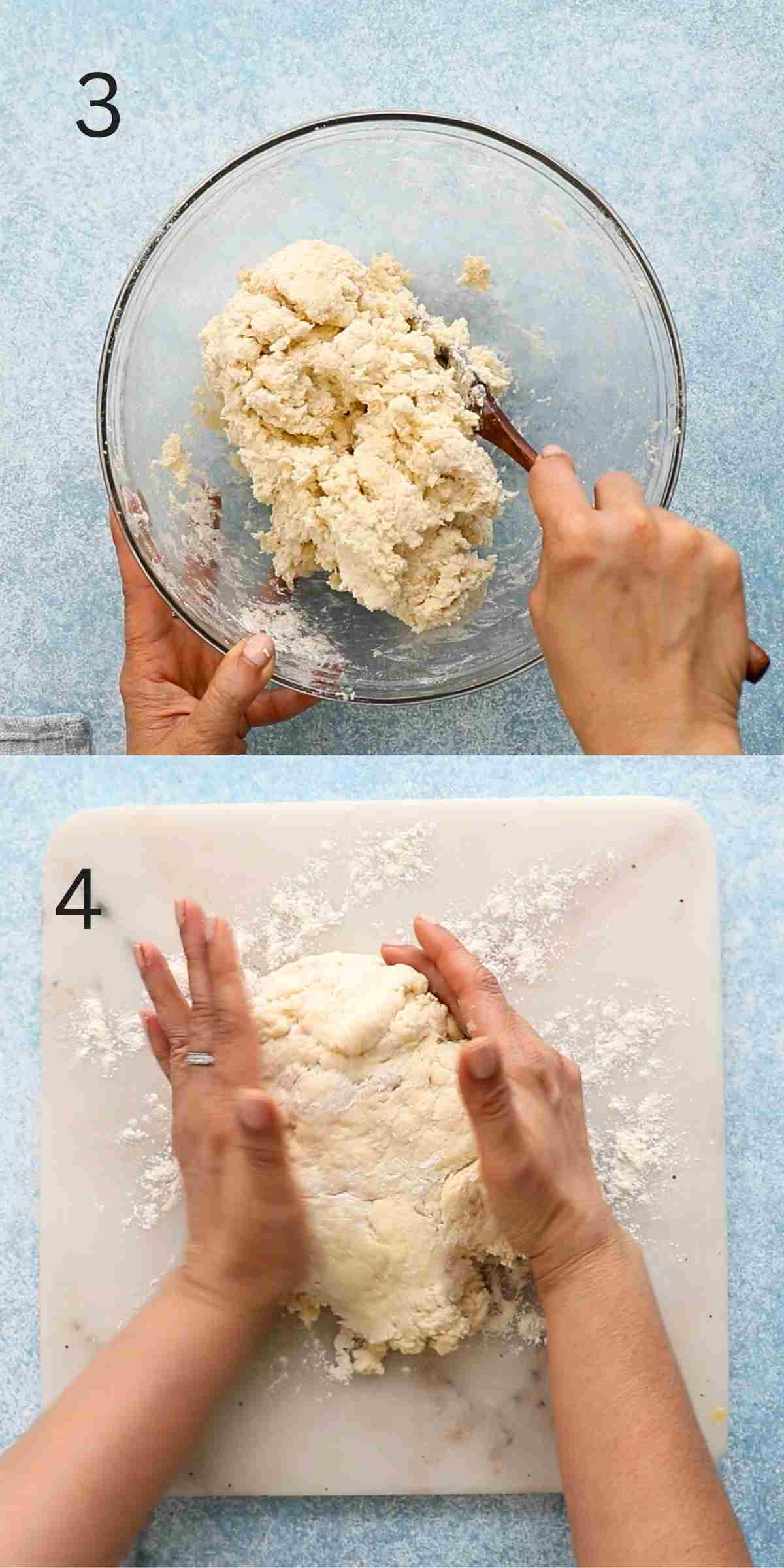 2 photo collage of two hands mixing and shaping biscuit dough. 