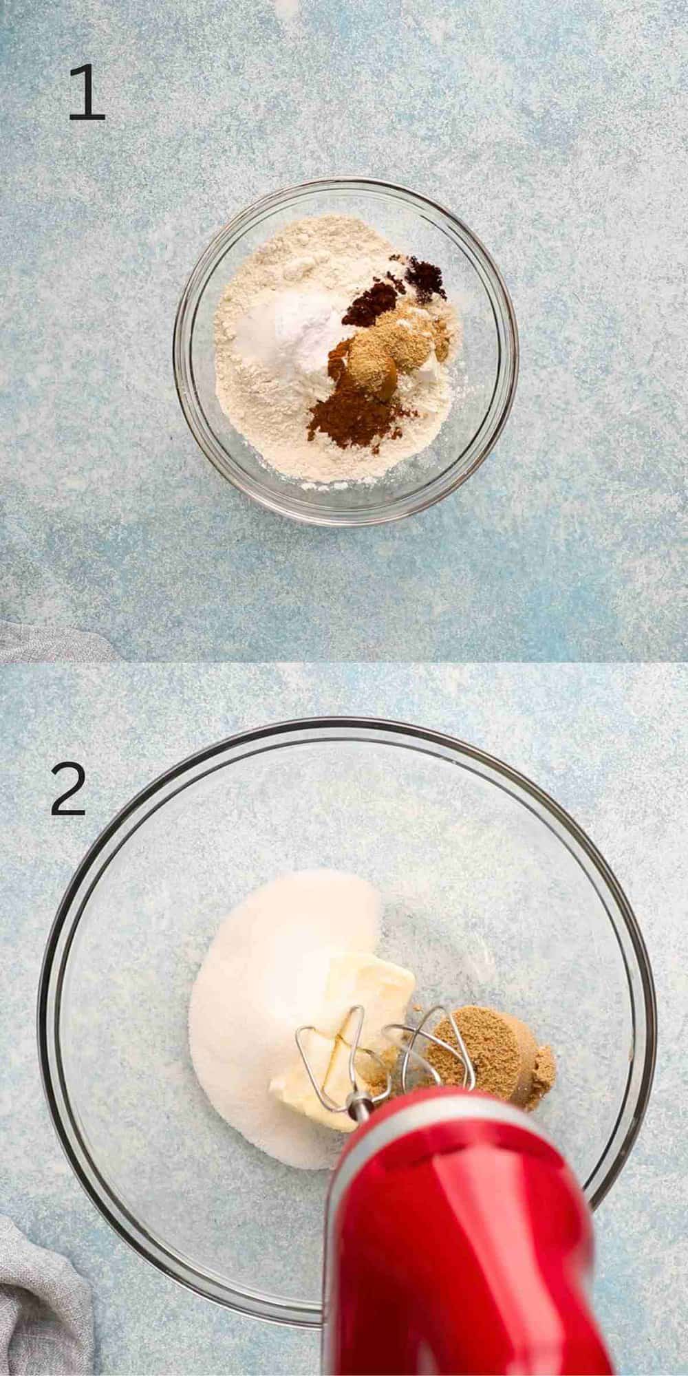 2 photo collage of dry ingredients and a red beater beating butter and sugars in a glass bowl.