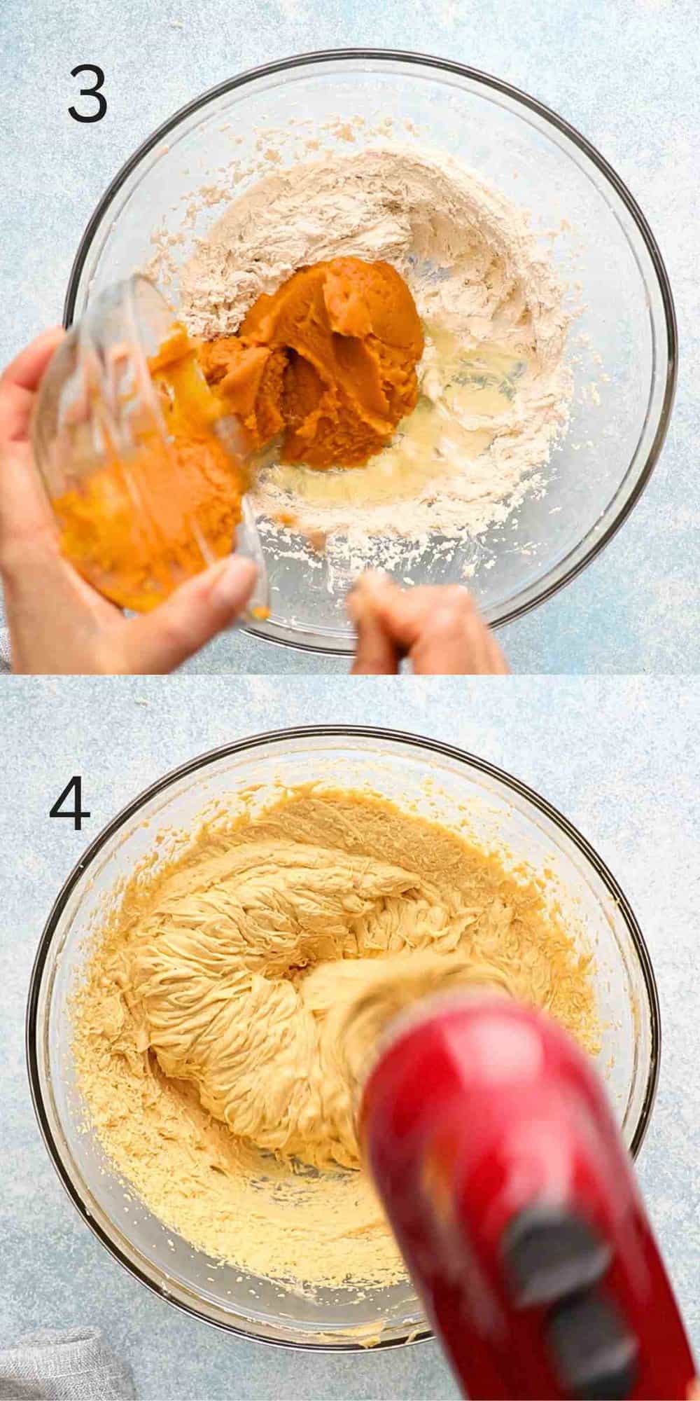 2 photo collage of mixing pumpkin cupcake batter in a glass bowl using a red beater.