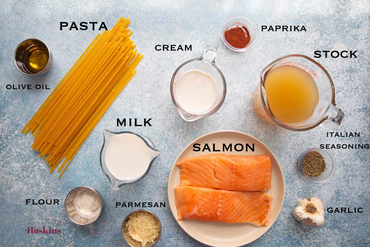 ingredients needed for salmon pasta.