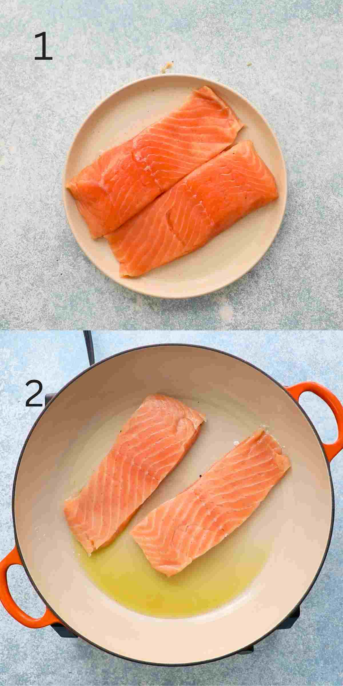 2 photo collage of cooking 2 salmon fillets in a pan.