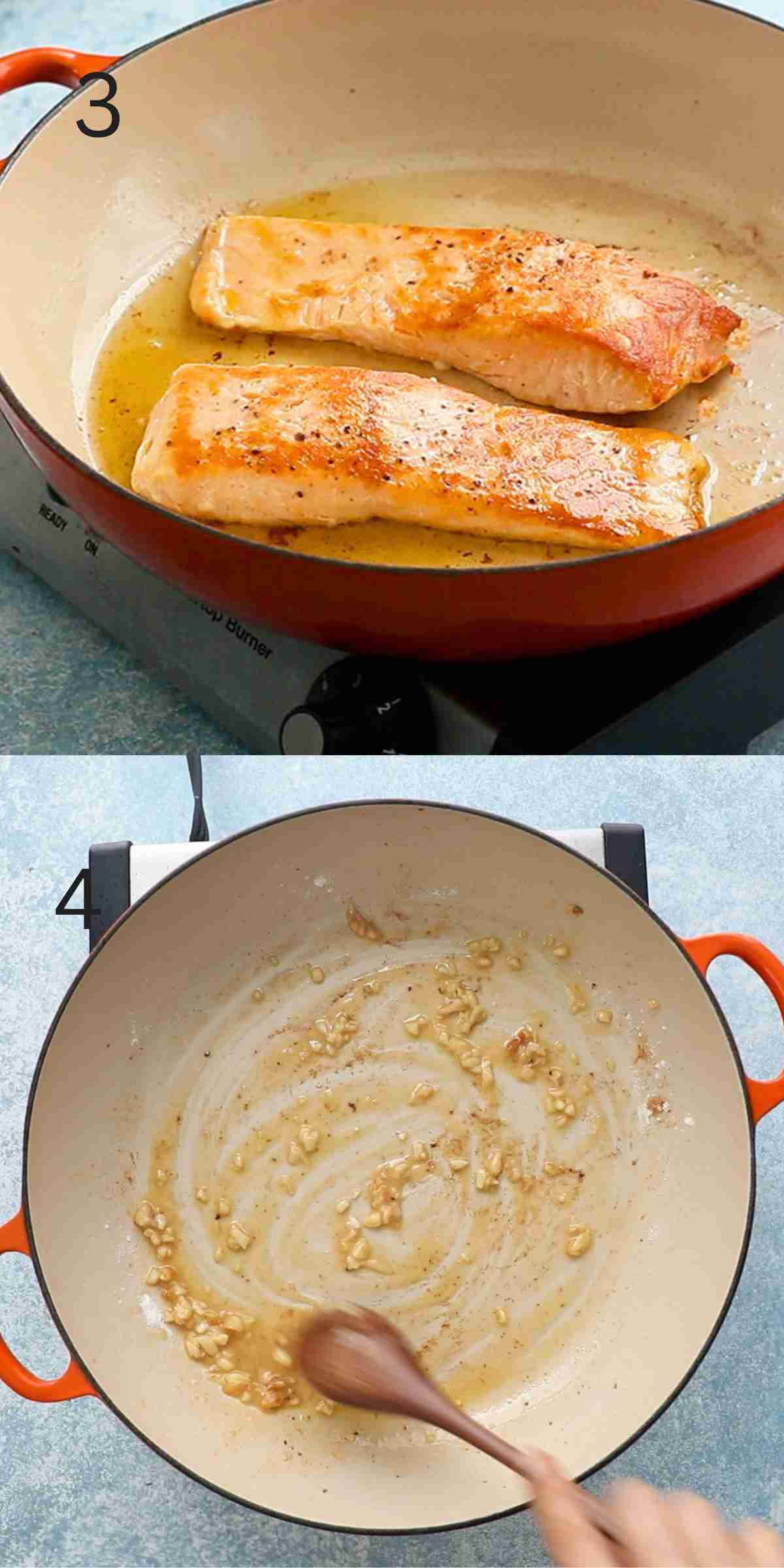 2 photo collage of cooking salmon and sauteing garlic in a wide pan.