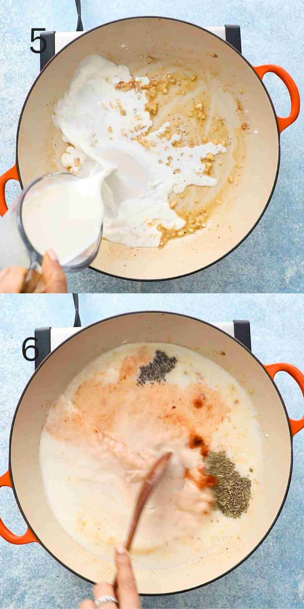 2 photo collage of stirring milk with seasonings in a wide pan.