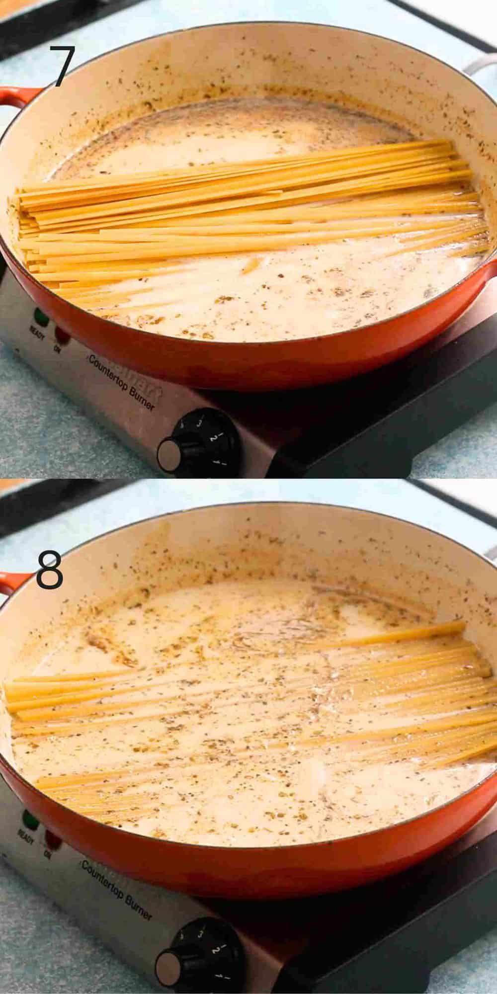 2 photo collage of cooking raw fettuccini in wide pan.