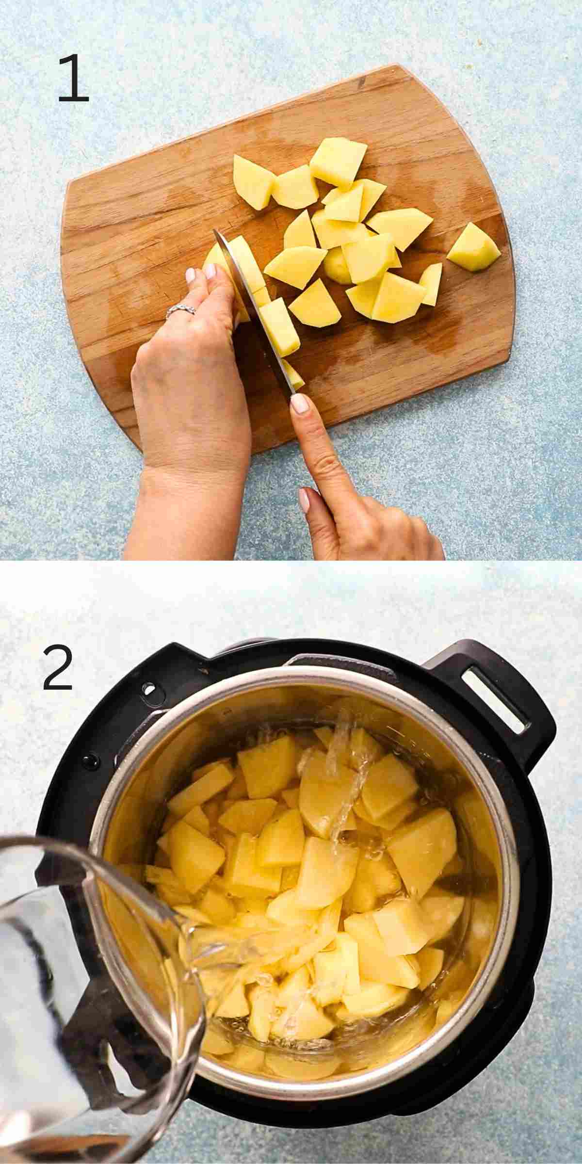 2 photo collage of two hands cutting and adding potatoes in an an instant pot.