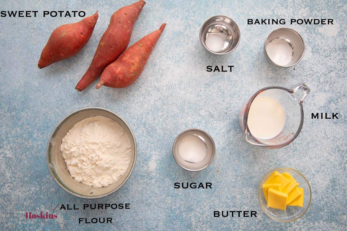ingredients needed to make sweet potato biscuits.