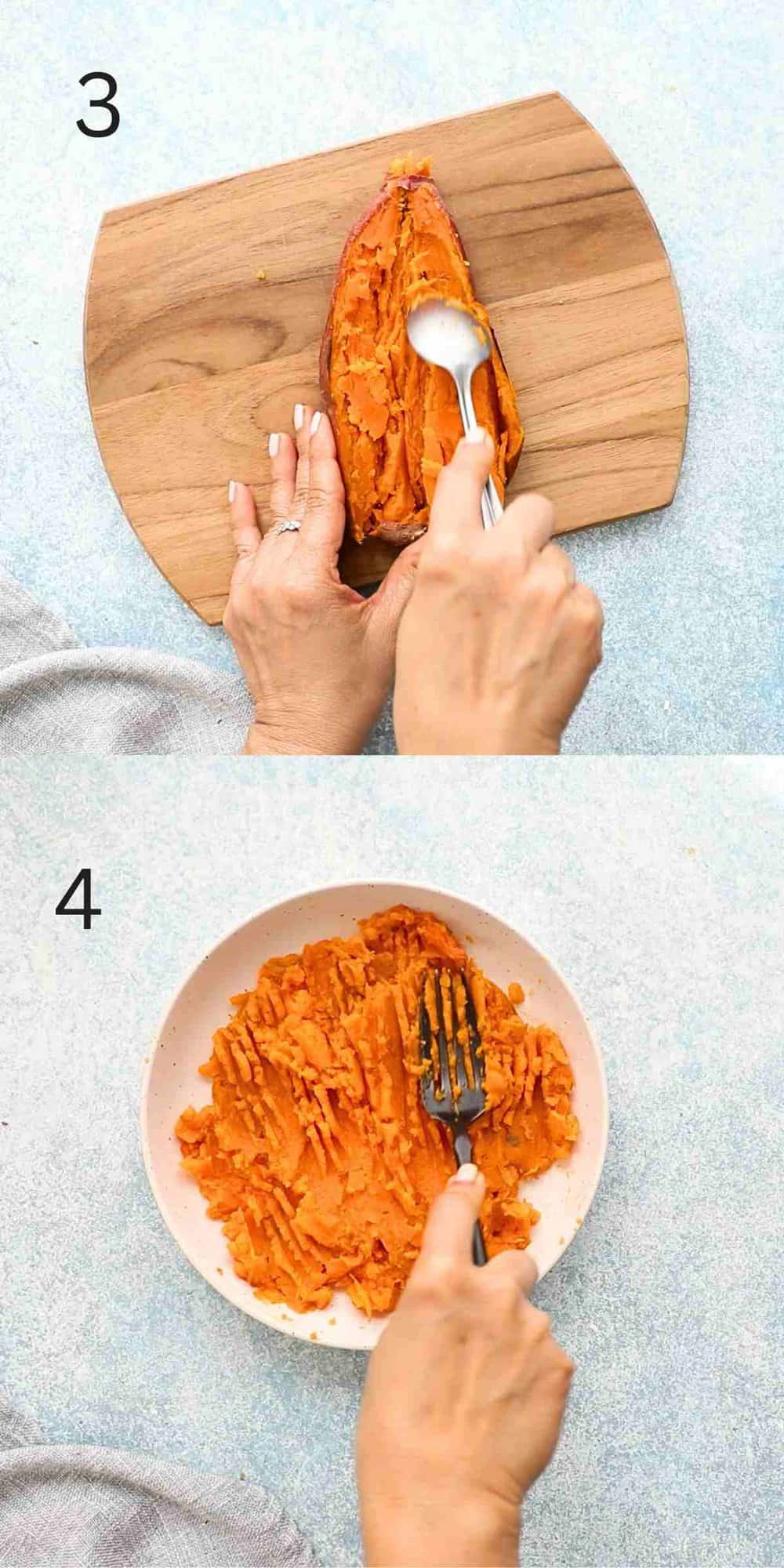 two photo collage of two hands scooping and mashing cooked sweet potato 