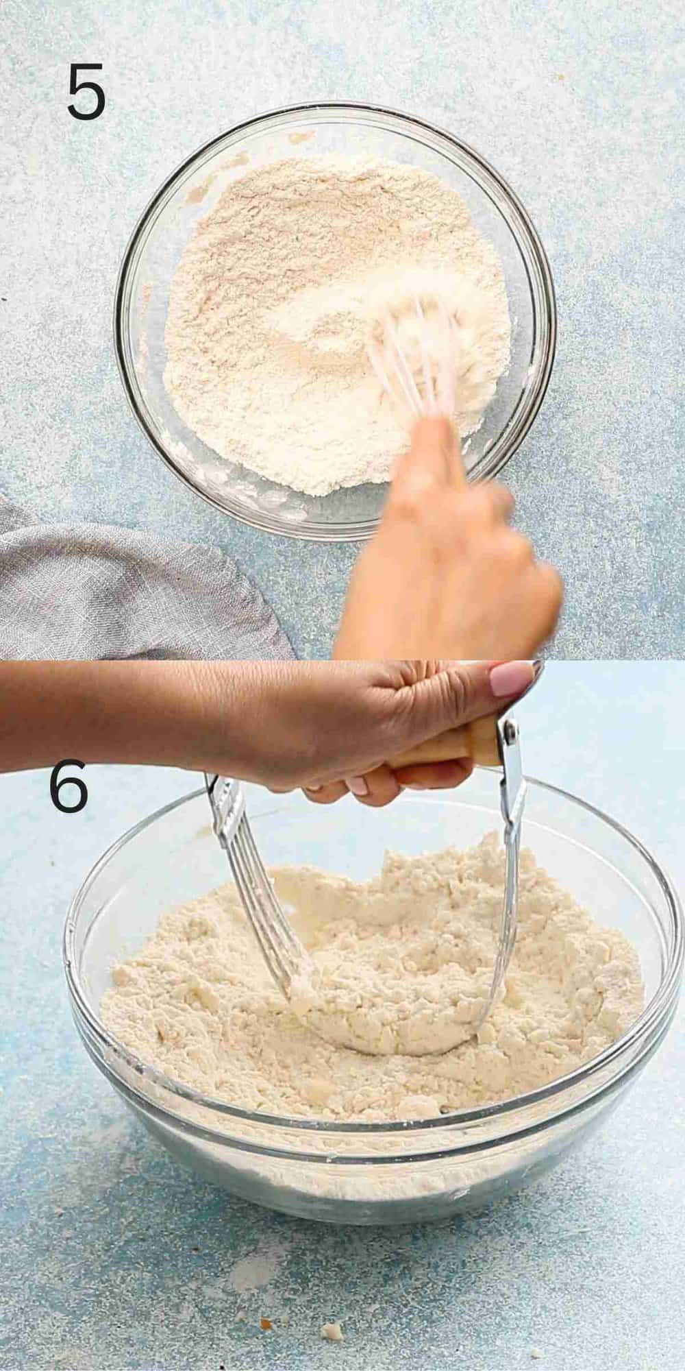 two photo collage of a hand mixing and cutting butter into flour mixture in a glass bowl using a pastry cutter.