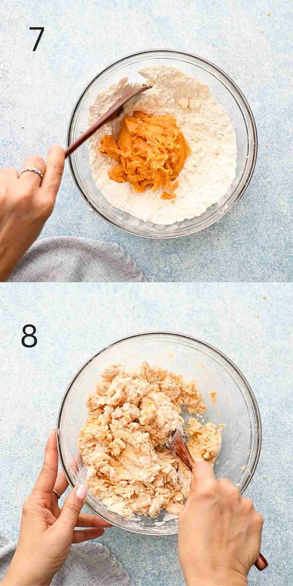 two photo collage of a hand mixing sweet potato puree along with dry ingredients in a glass bowl.