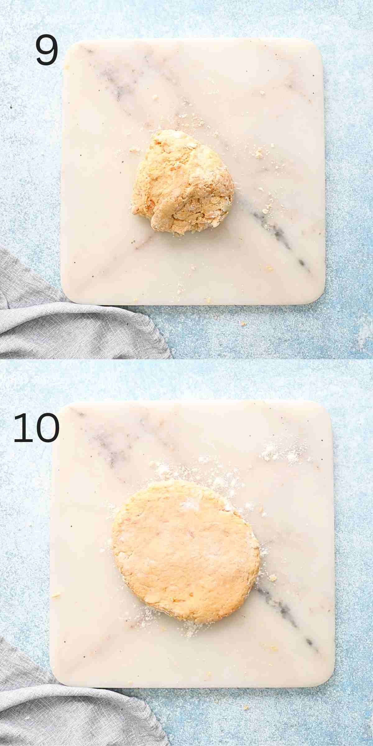 two photo collage of shaped biscuit dough on a square white marble board.