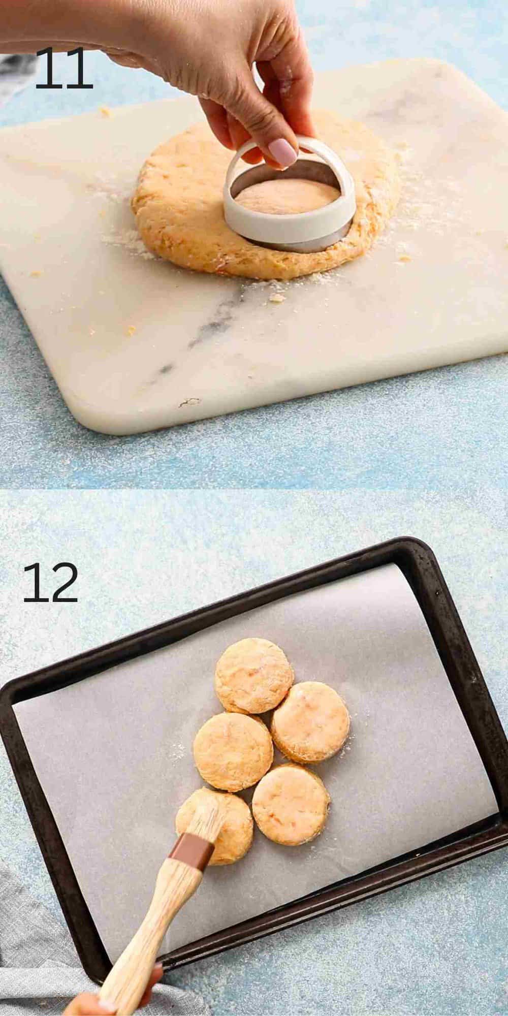 two photo collage of a hand cutting biscuits using a biscuit butter and brushing the tops with butter.