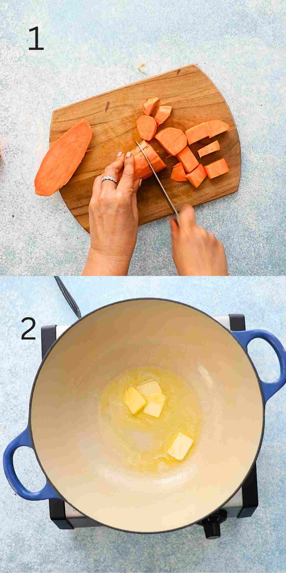 2 photo collage of cutting sweet potatoes and a saucepan with melted butter.