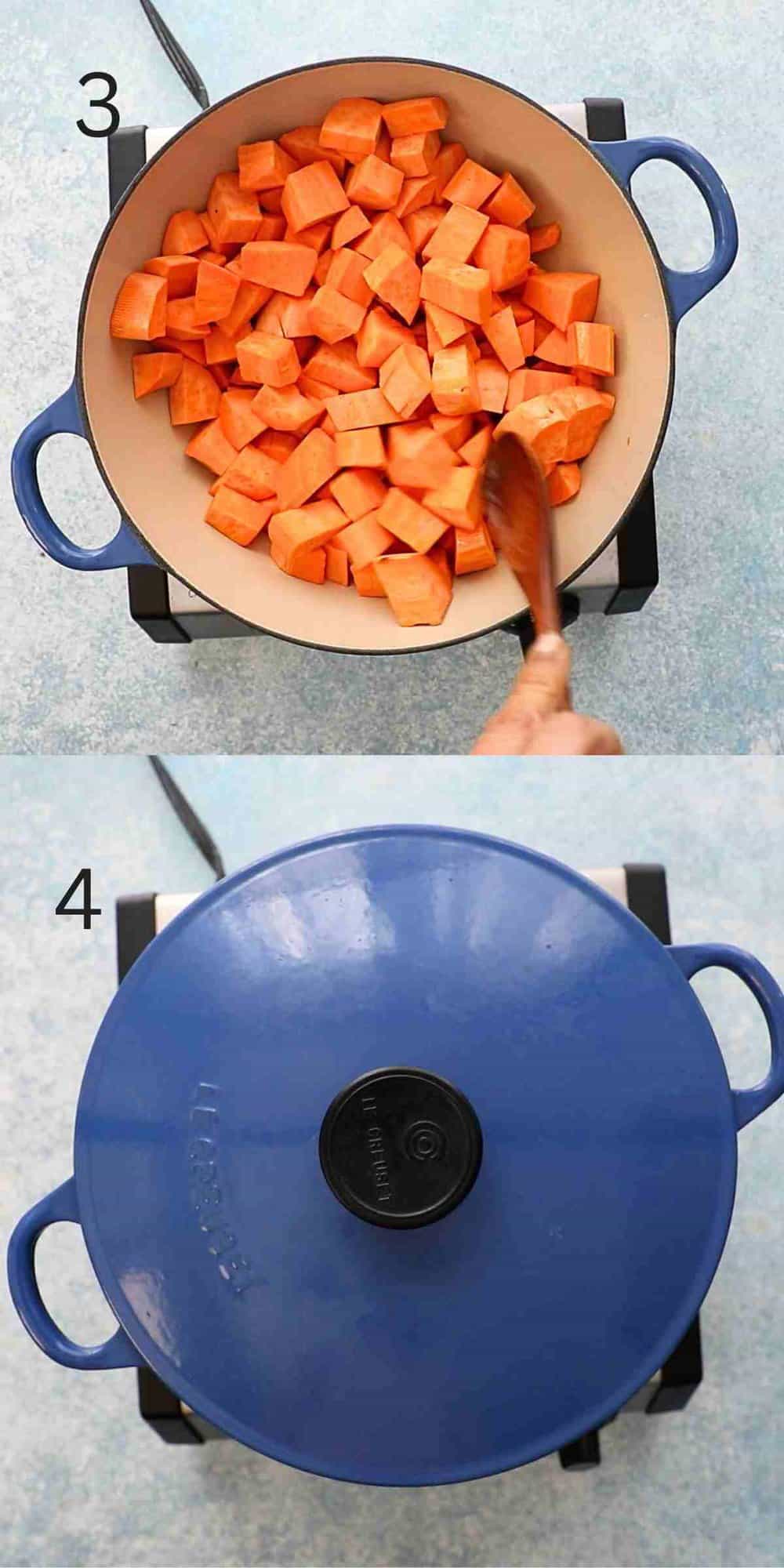 2 photo collage of sauteing and cooking sweet potatoes in a blue saucepan.