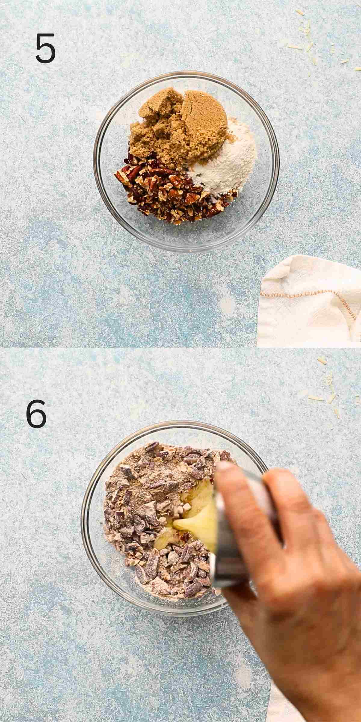 2 photo collage of adding melted butter into a glass bowl with pecans and brown sugar.