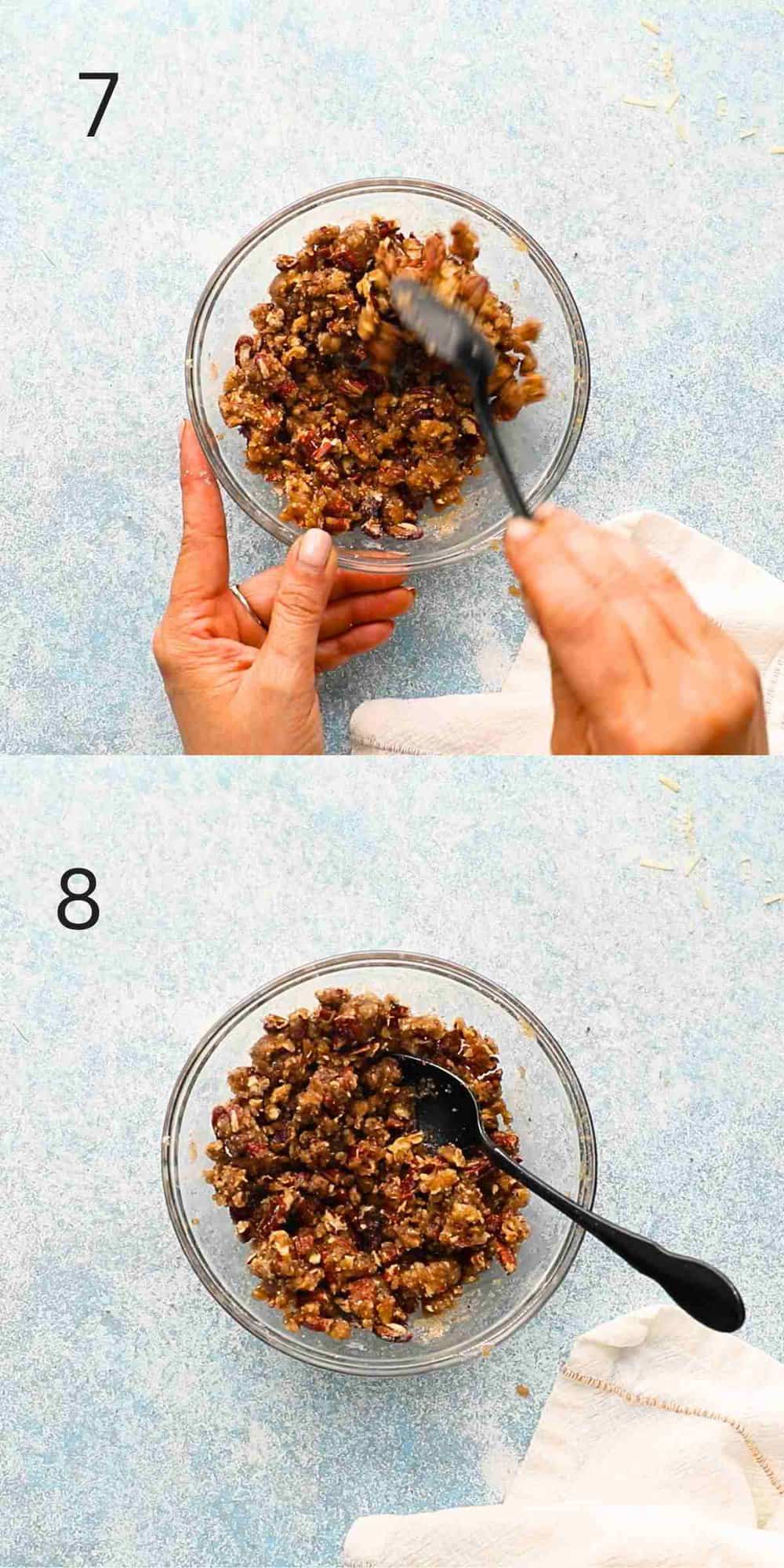 2 photo collage of two hands mixing pecan topping in a small glass bowl.