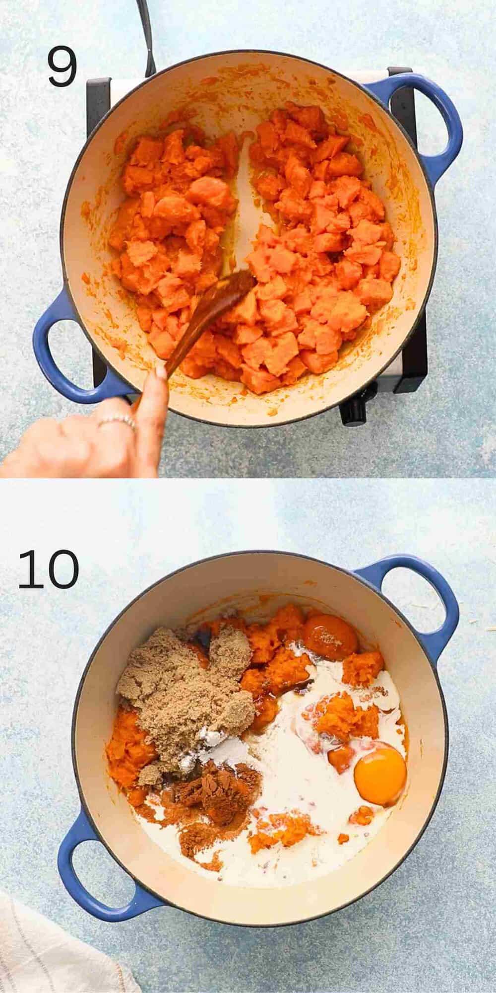 2 photo collage of cooked sweet potatoes along with eggs, cream and brown sugar in a blue saucepan.