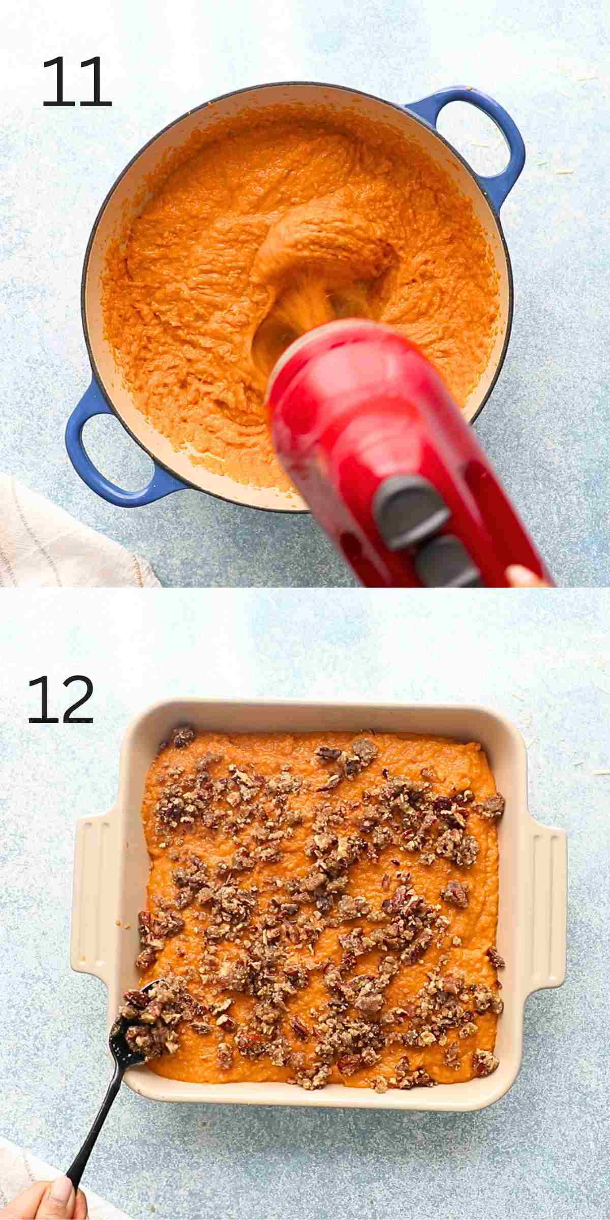 2 photo collage of beating sweet potato mixture and assembling in a casserole.