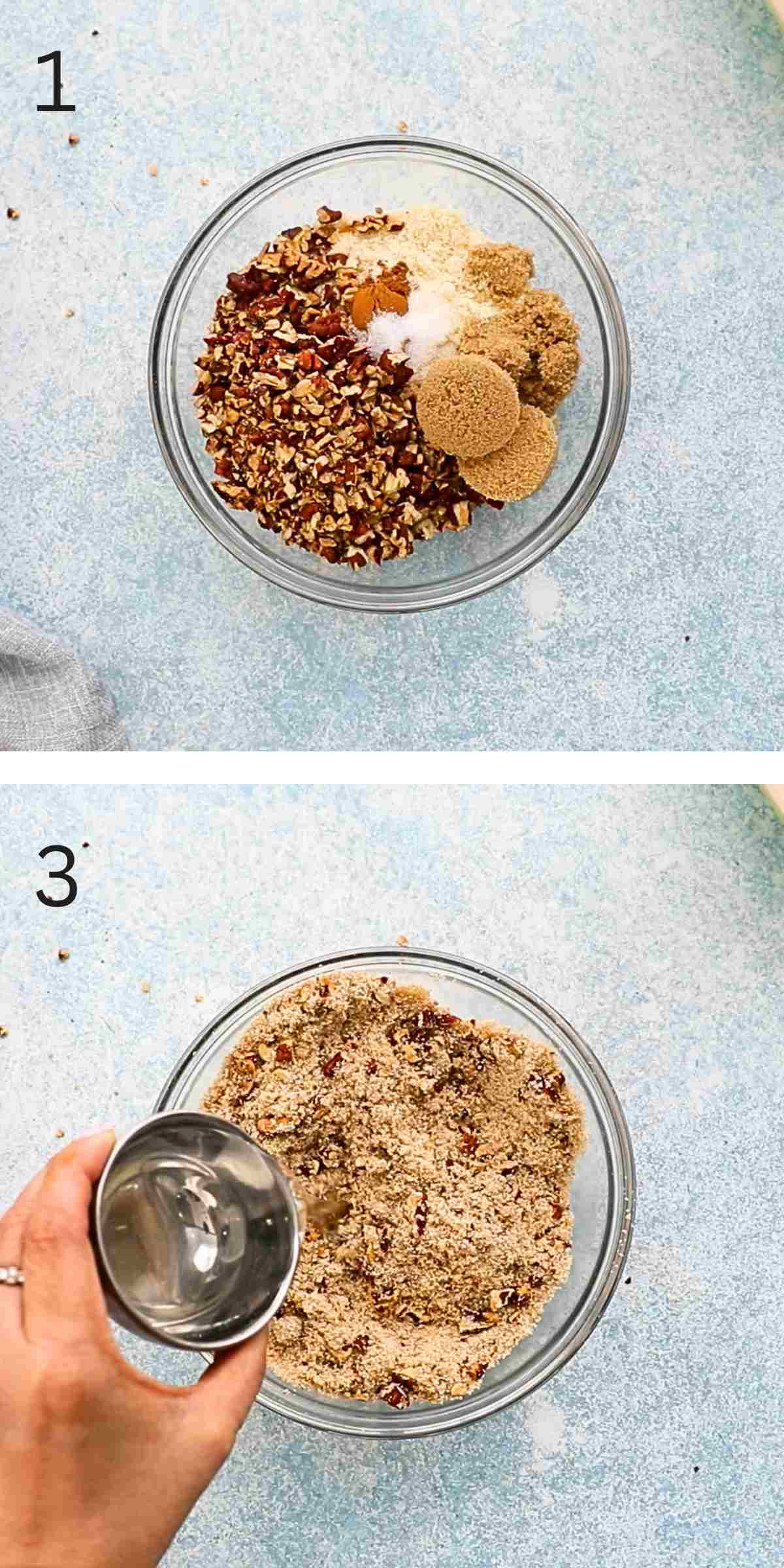 2 photo collage of a hand mixing crumble topping in a glass bowl.