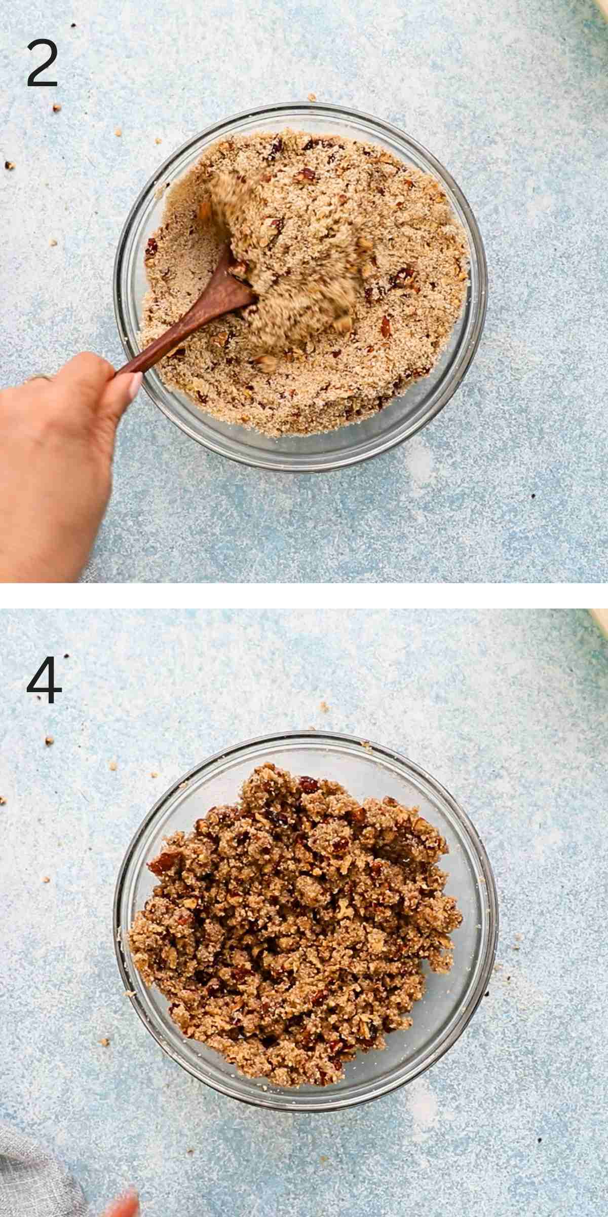 2 photo collage of a hand mixing crumble topping in a glass bowl.