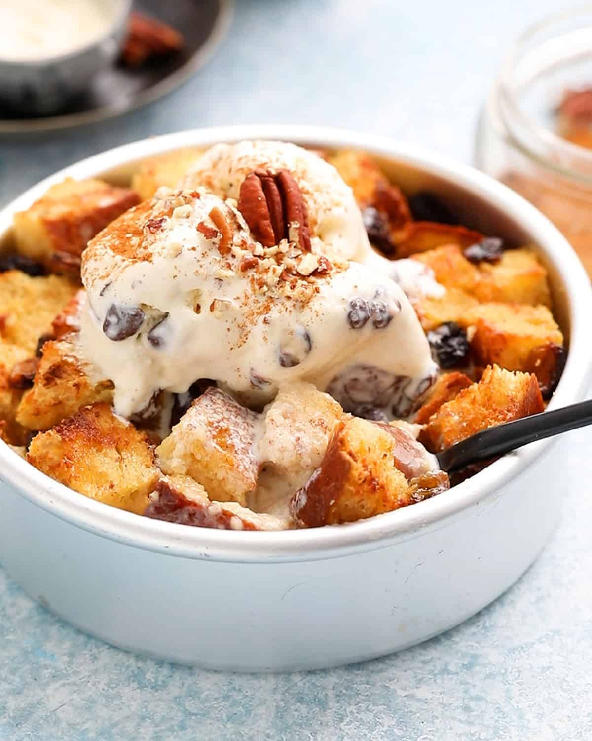 air fryer bread pudding in a metal dish.