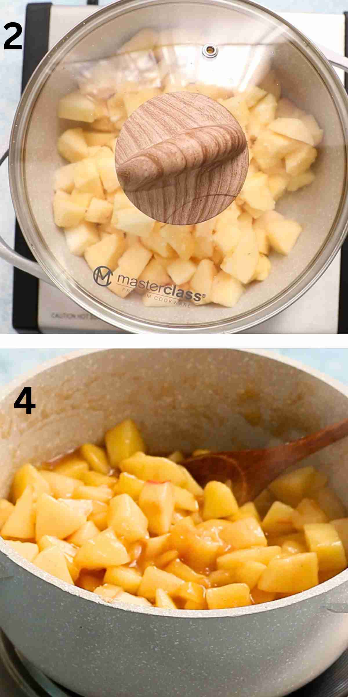 2 photo collage of cooking apple pie filling in a white saucepan.
