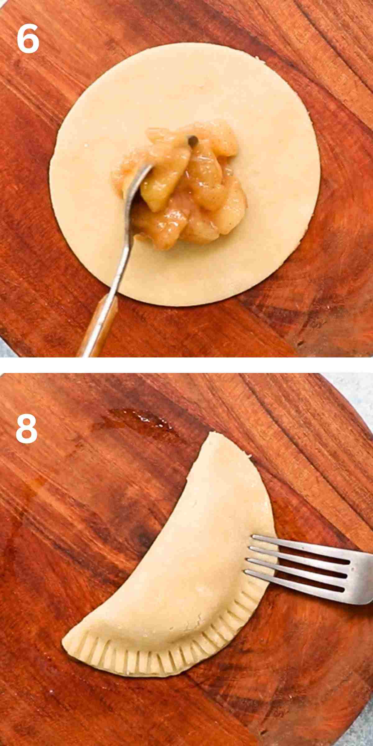 two photo collage of shaping an apple hand pie.
