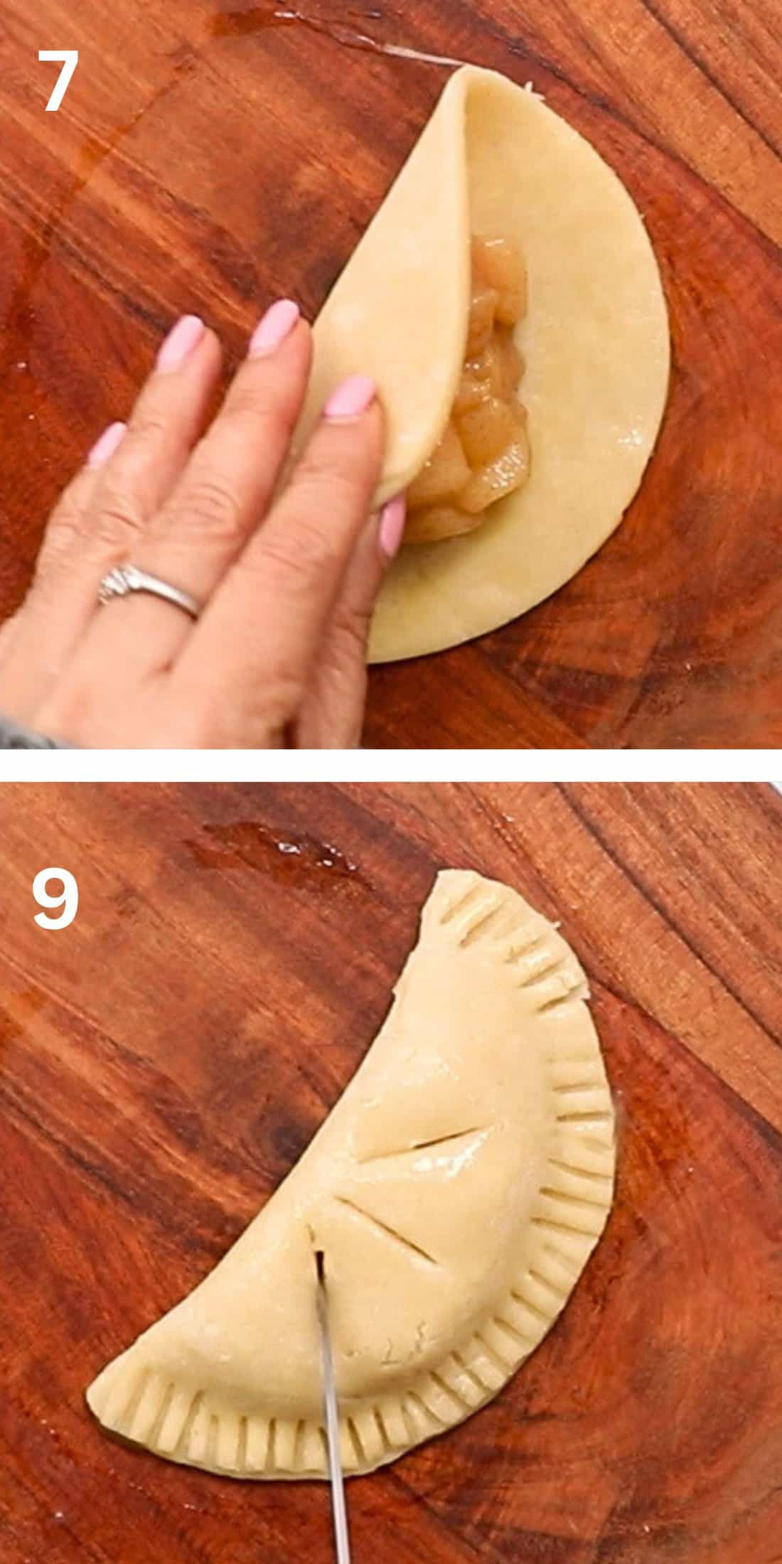 two photo collage of shaping an apple hand pie.