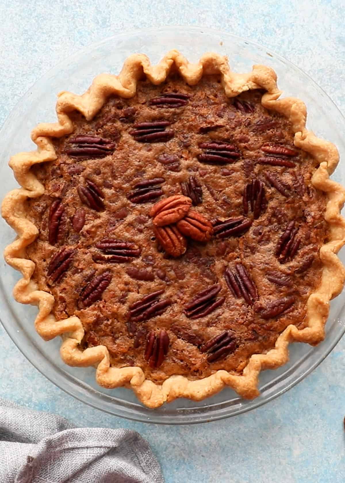 one baked pecan pie without corn syrup.