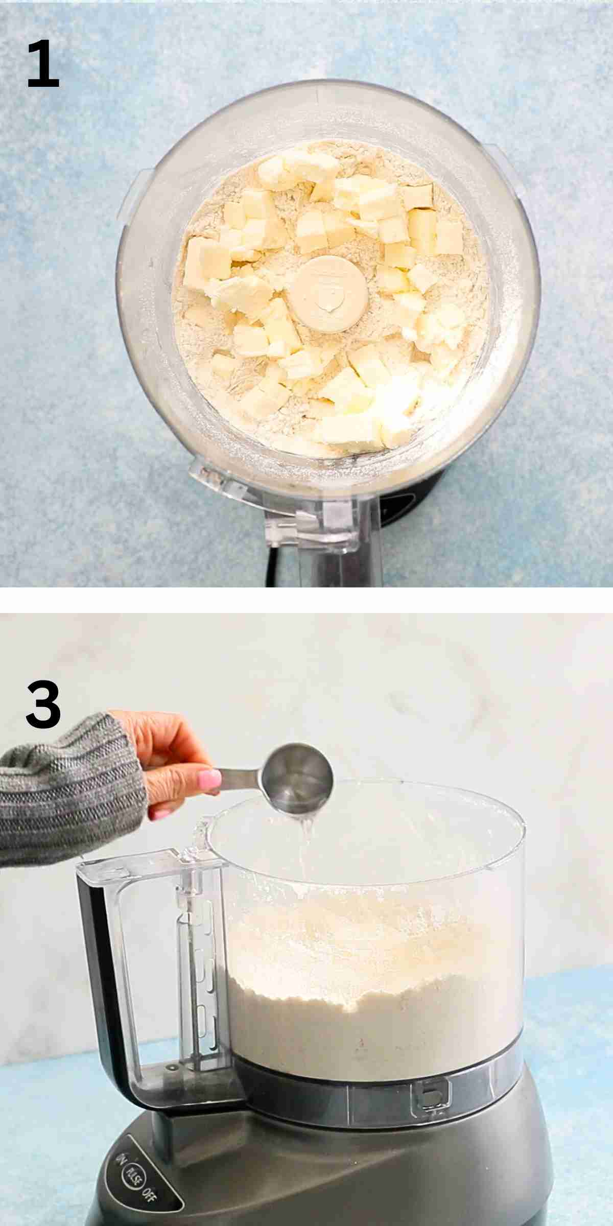 2 photo collage of making pie crust in a food processor. 