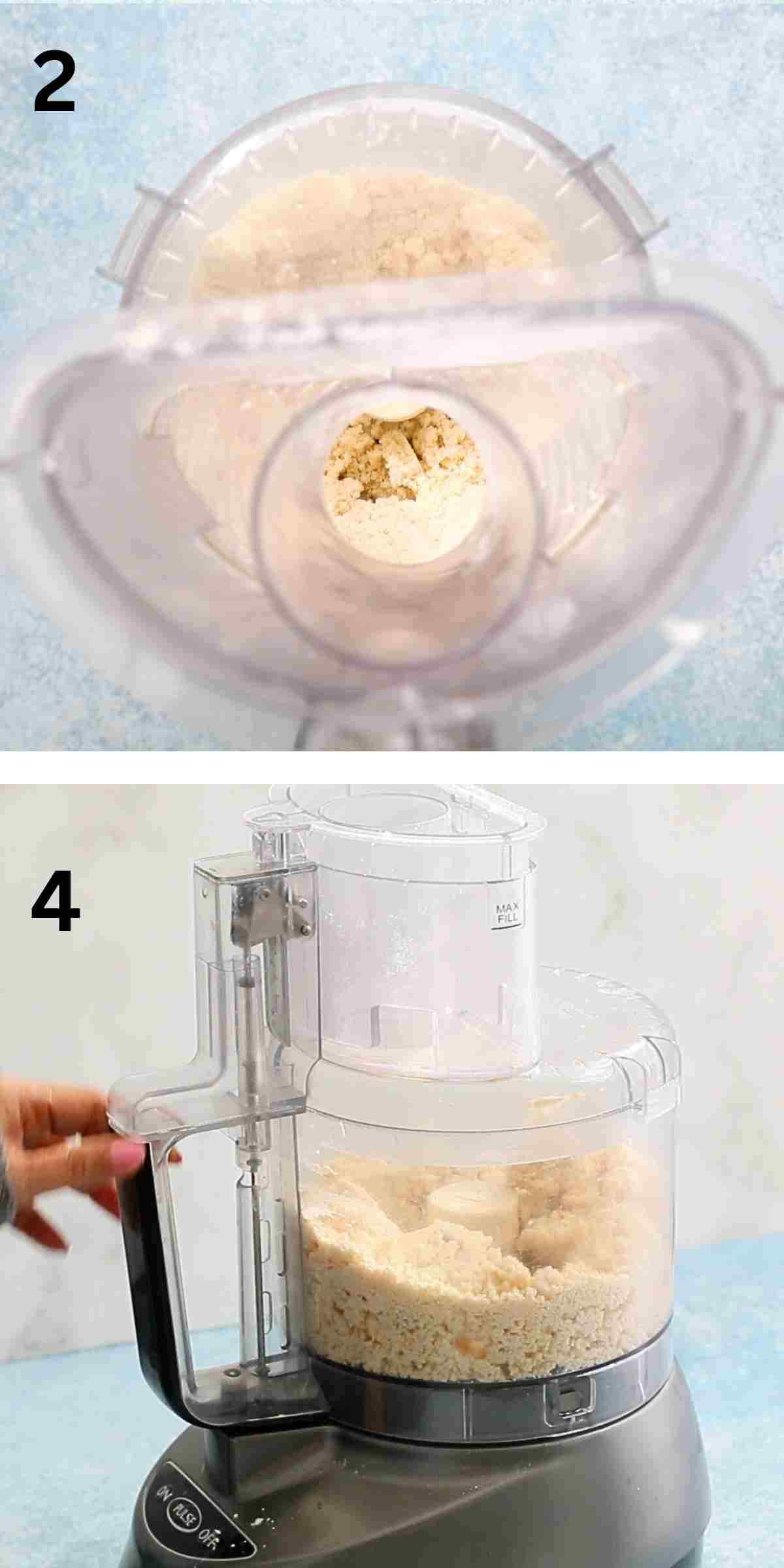 2 photo collage of making pie crust in a food processor. 