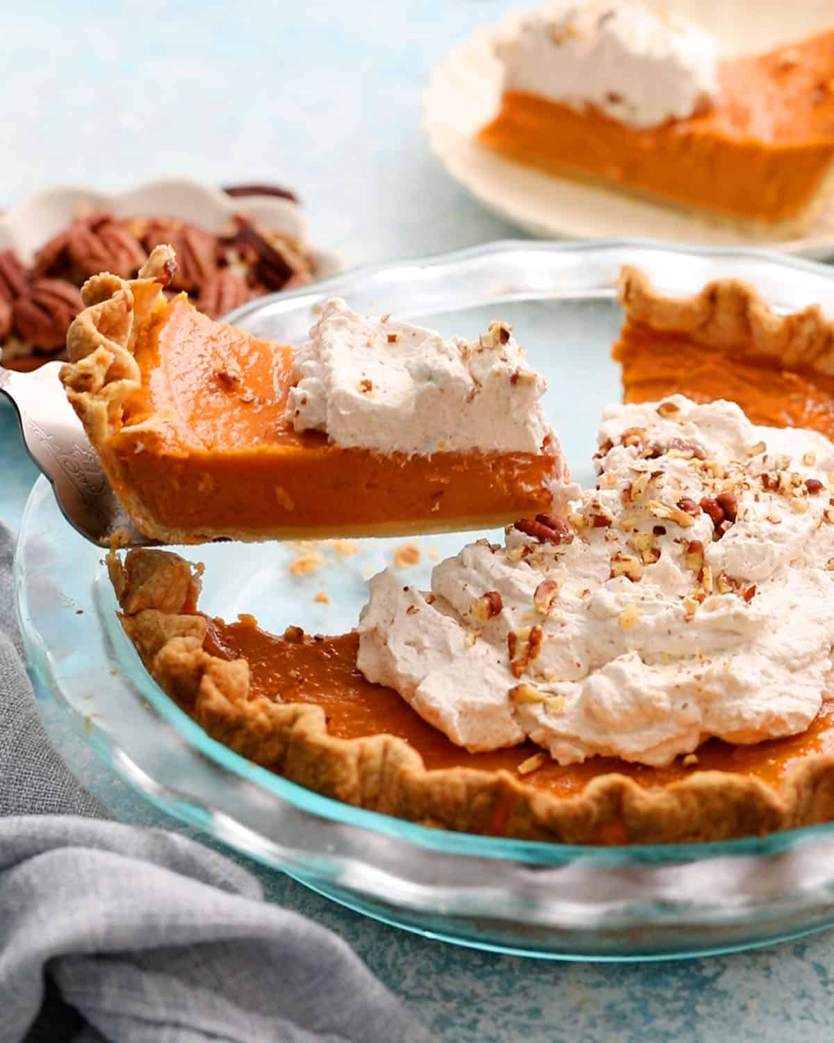 sweet potato pie in a glass pie pan.
