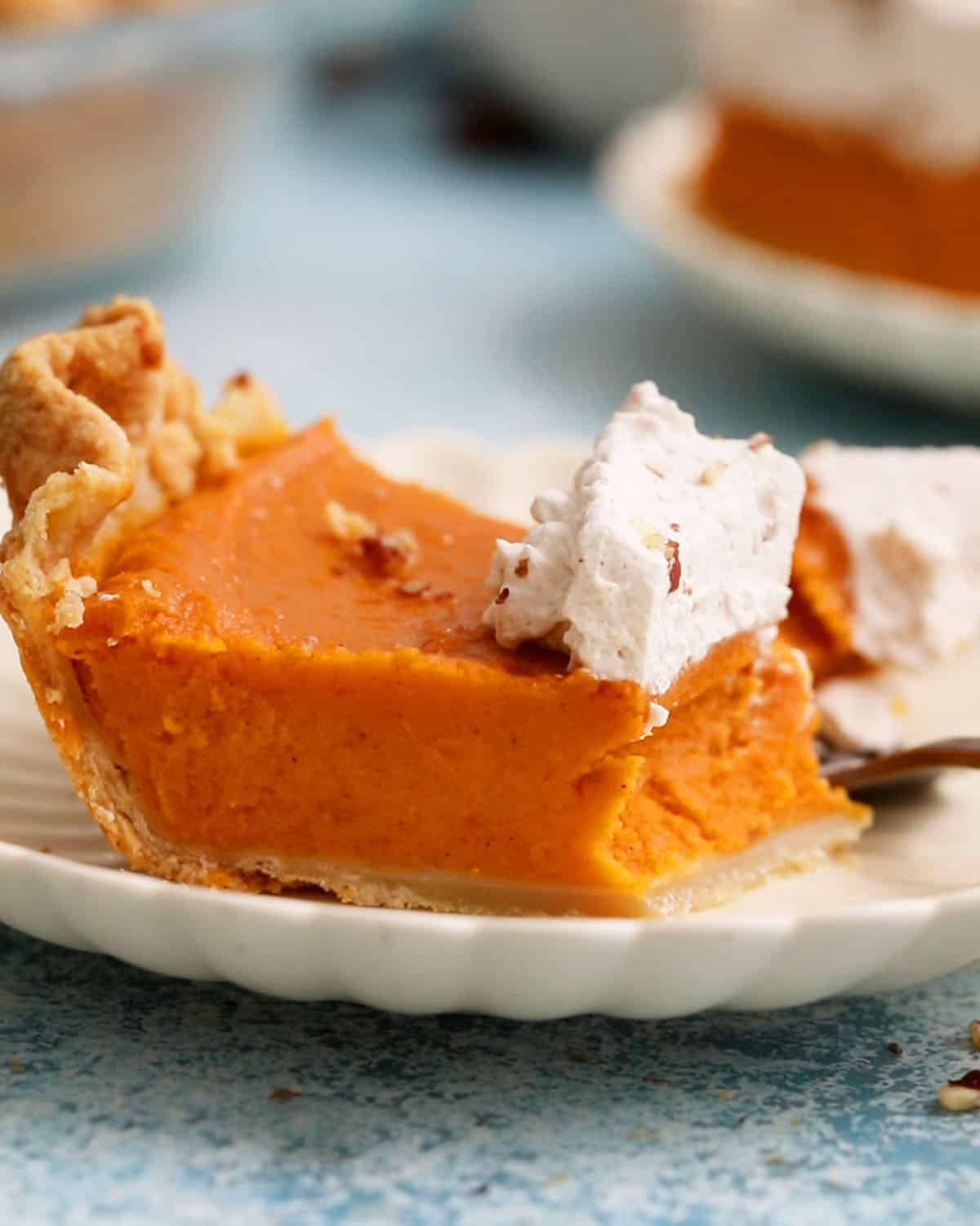sweet potato pie in a white plate.