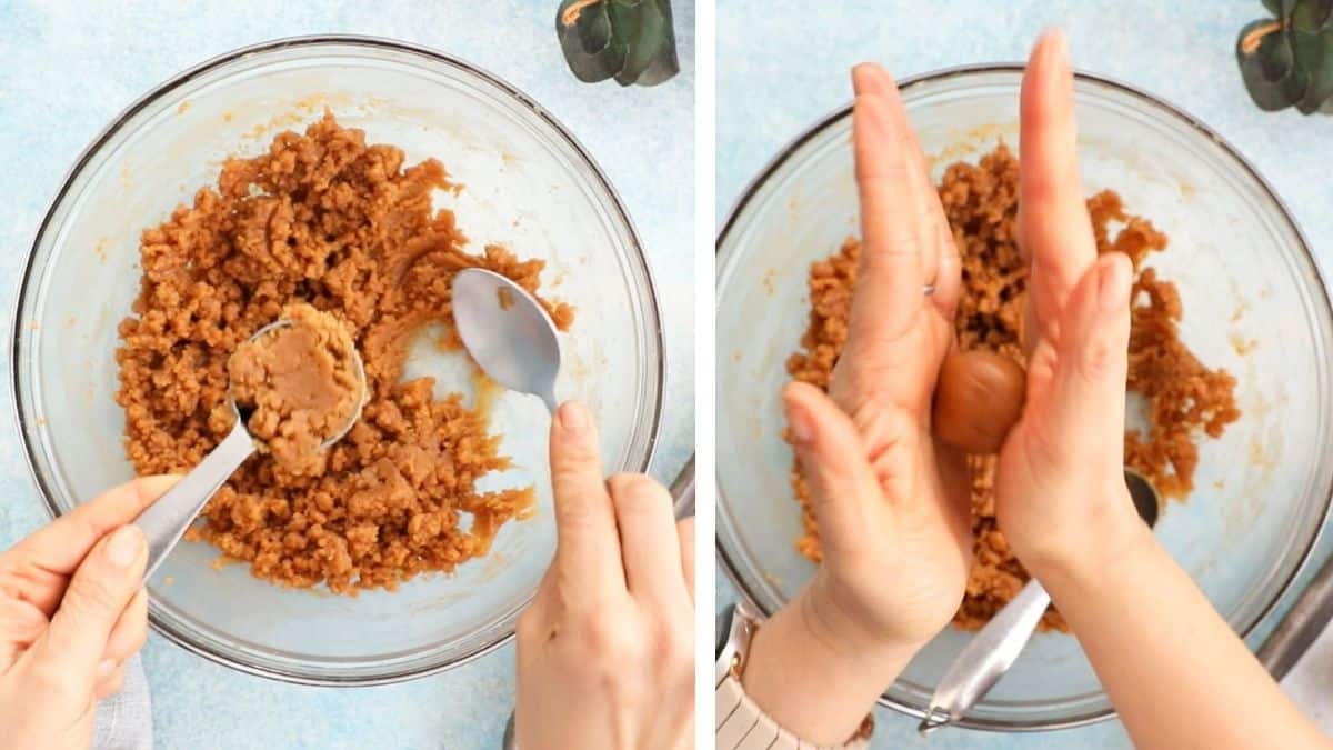 two hands rolling balls from brown cookie dough.