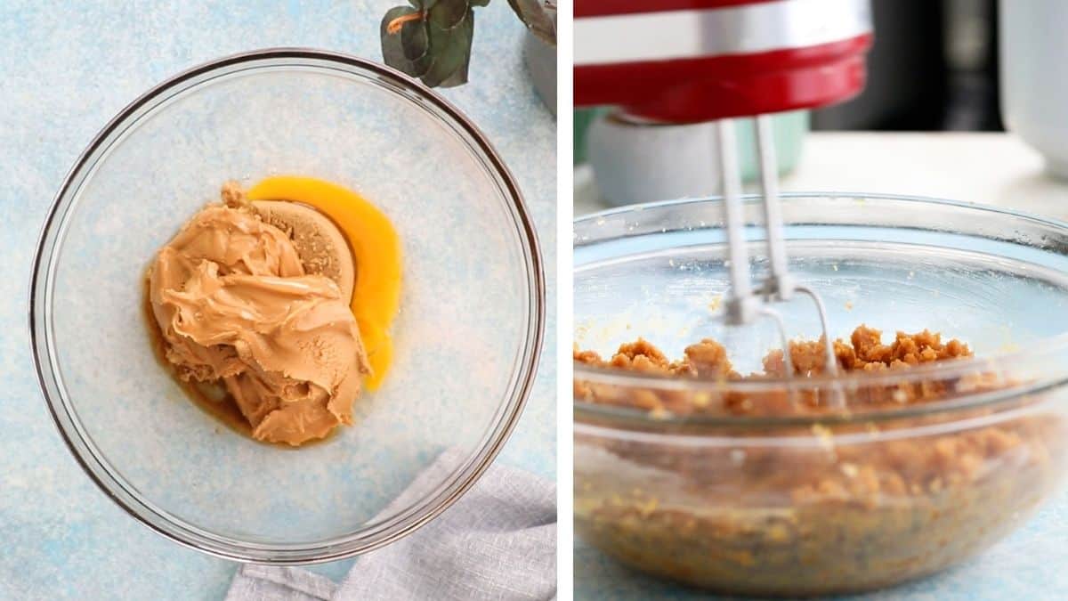 almond butter cookie dough in a glass bowl.