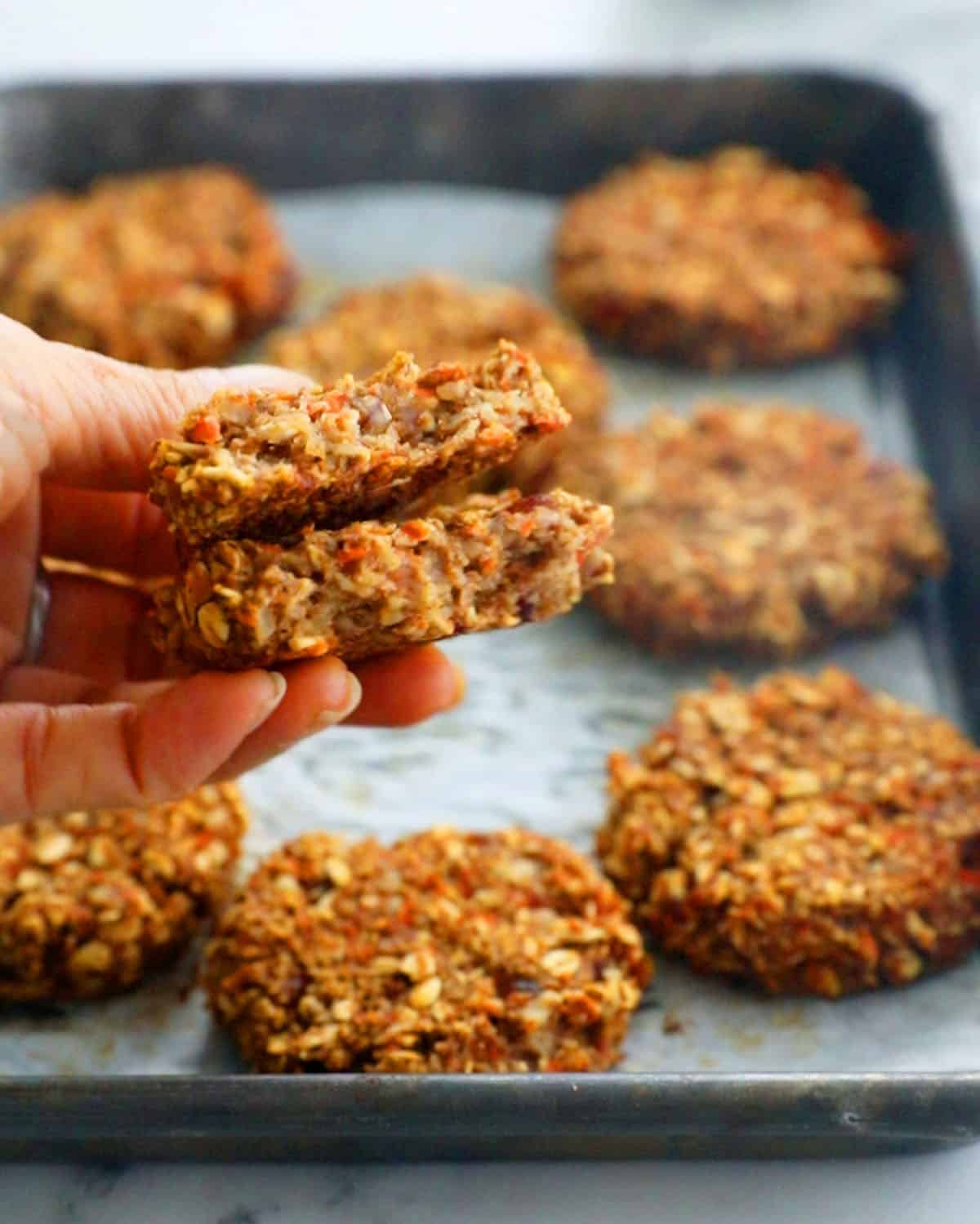 carrot oatmeal cookies in a baking sheet.