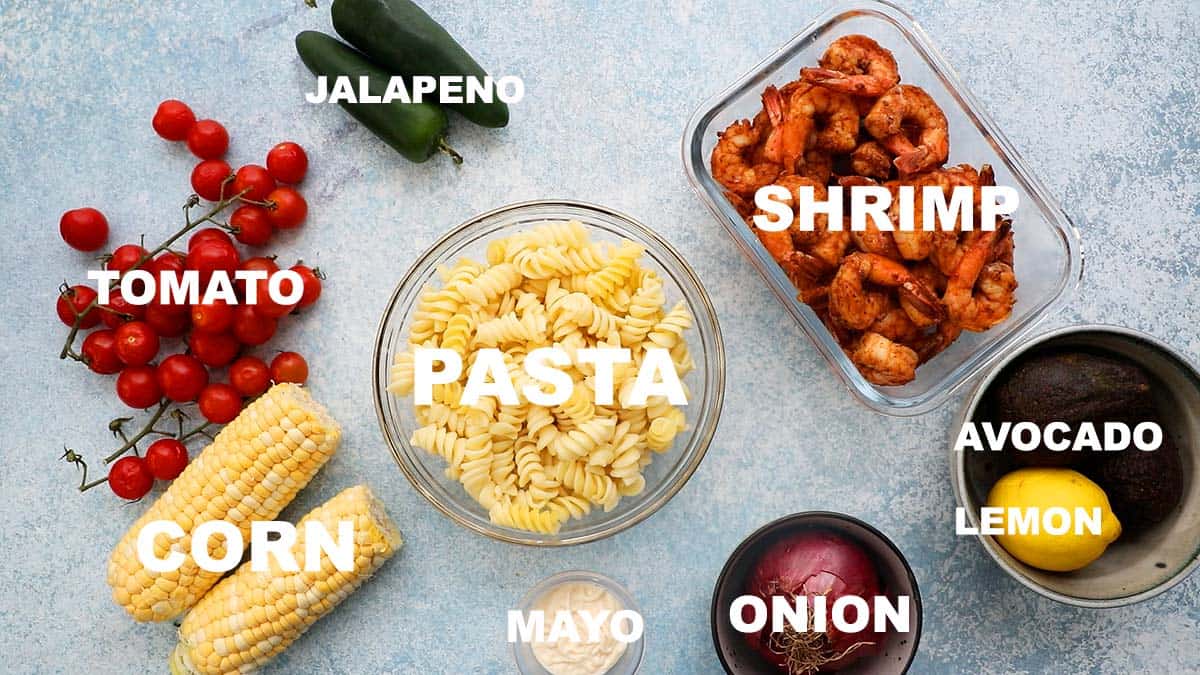 ingredients needed to make shrimp pasta salad.